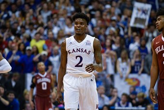 LAWRENCE, KS - FEBRUARY 27: Lagerald Vick #2 of the Kansas Jayhawks in action against Oklahoma Sooners at Allen Fieldhouse on February 27, 2017 in Lawrence, Kansas. (Photo by Ed Zurga/Getty Images)