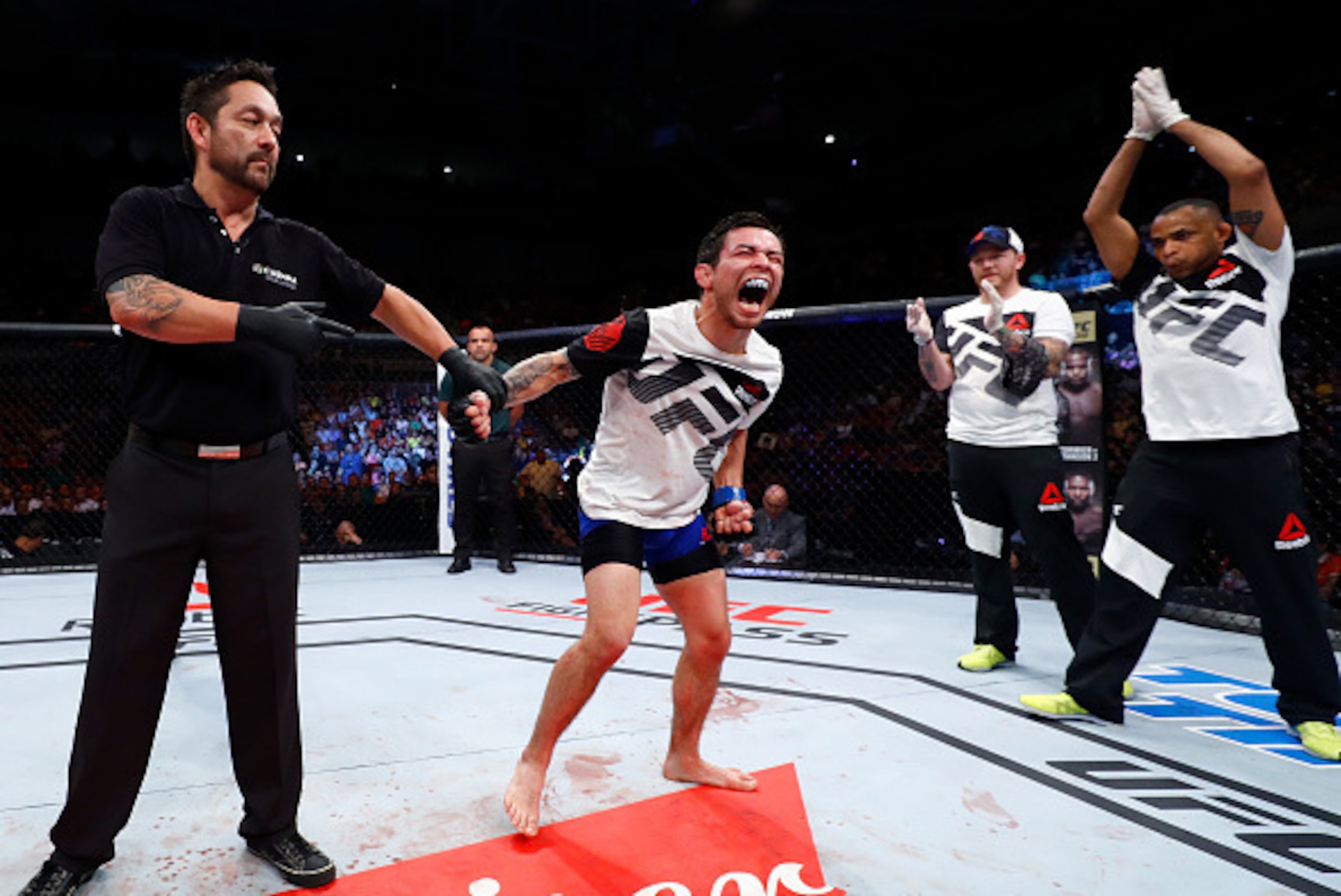 FORTALEZA, BRAZIL - MARCH 11: Ray Borg celebrates his decision victory over Jussier Formiga of Brazil in their flyweight bout during the UFC Fight Night event at CFO - Centro de FormaÂco Olimpica on March 11, 2017 in Fortaleza, Brazil. (Photo by Buda Men FORTALEZA, BRAZIL - MARCH 11: Ray Borg celebrates his decision victory over Jussier Formiga of Brazil in their flyweight bout during the UFC Fight Night event at CFO - Centro de FormaÂco Olimpica on March 11, 2017 in Fortaleza, Brazil. (Photo by Buda Men