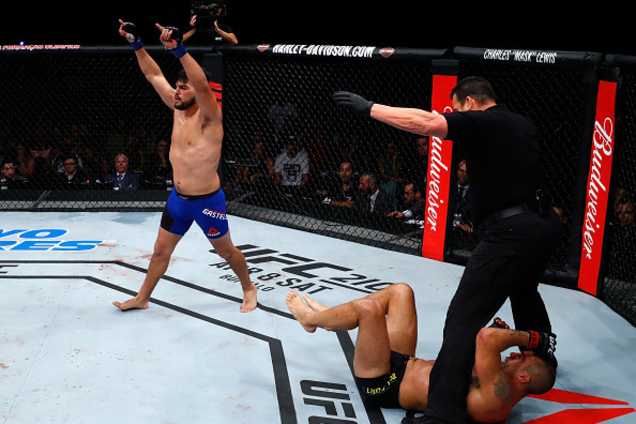 FORTALEZA, BRAZIL - MARCH 11: Kelvin Gastelum celebrates after his knockout victory over Vitor Belfort of Brazil in their middleweight bout during the UFC Fight Night event at CFO - Centro de FormaÂco Olimpica on March 11, 2017 in Fortaleza, Brazil. (Pho FORTALEZA, BRAZIL - MARCH 11: Kelvin Gastelum celebrates after his knockout victory over Vitor Belfort of Brazil in their middleweight bout during the UFC Fight Night event at CFO - Centro de FormaÂco Olimpica on March 11, 2017 in Fortaleza, Brazil. (Pho