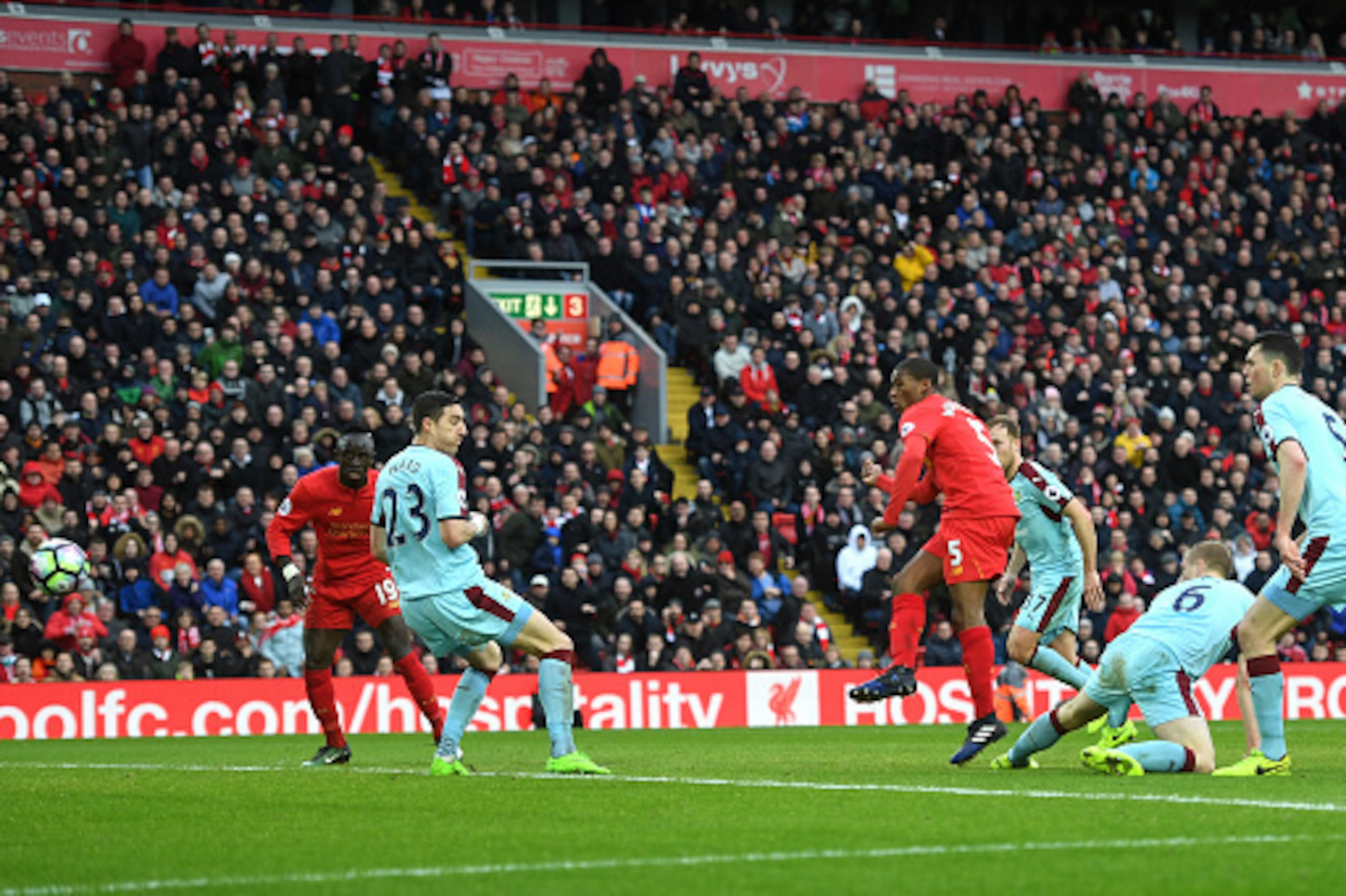 LIVERPOOL, ENGLAND - MARCH 12:  Georginio Wijnaldum of Liverpool (5) scores their first and equalising goal during the Premier League match between Liverpool and Burnley at Anfield on March 12, 2017 in Liverpool, England.  (Photo by Michael Regan/Getty Im