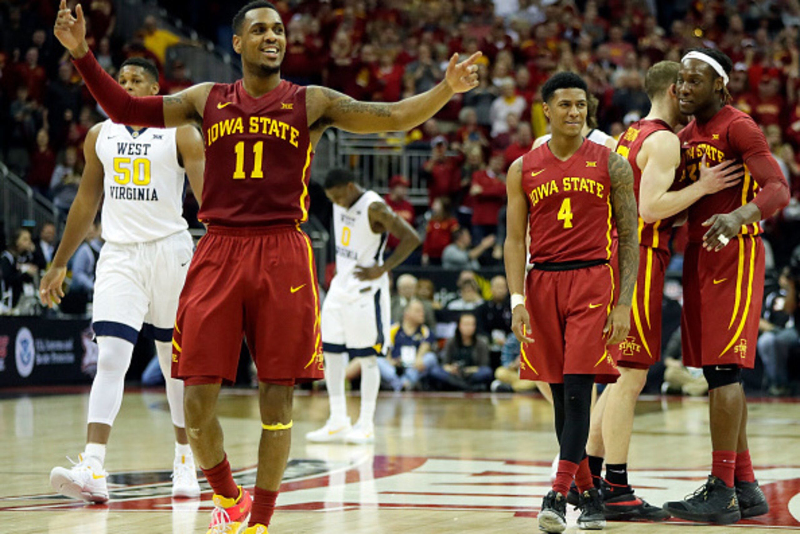 KANSAS CITY, MO - MARCH 11:  Monte Morris #11 of the Iowa State Cyclones celebrates as the Cyclones defeat the West Virginia Mountaineers to win the championship game of the Big 12 Basketball Tournament at the Sprint Center on March 11, 2017 in Kansas Cit