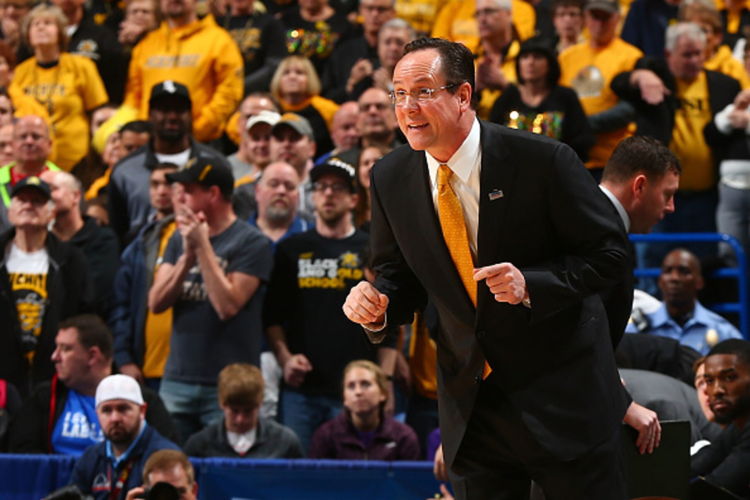 ST. LOUIS, MO - MARCH 5:  Head coach Gregg Marshall of the Wichita State Shockers directs his players against the Illinois State Redbirds during the Missouri Valley Conference Basketball Tournament Championship game at the Scottrade Center on March 5, 201