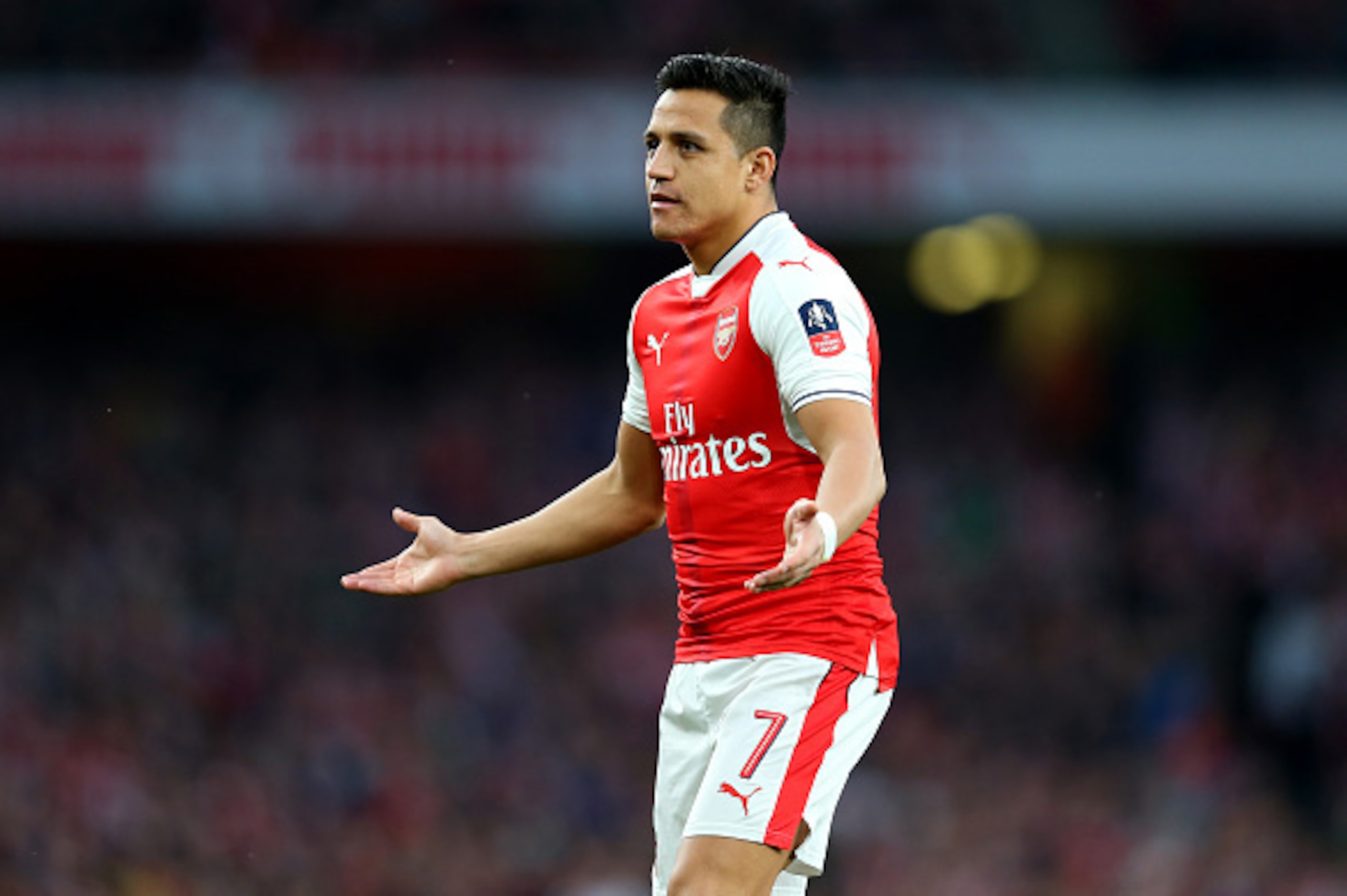 LONDON, ENGLAND - MARCH 11:  Alexis Sanchez of Arsenal shrugs during The Emirates FA Cup Quarter-Final match between Arsenal and Lincoln City at Emirates Stadium on March 11, 2017 in London, England. (Photo by Catherine Ivill - AMA/Getty Images)