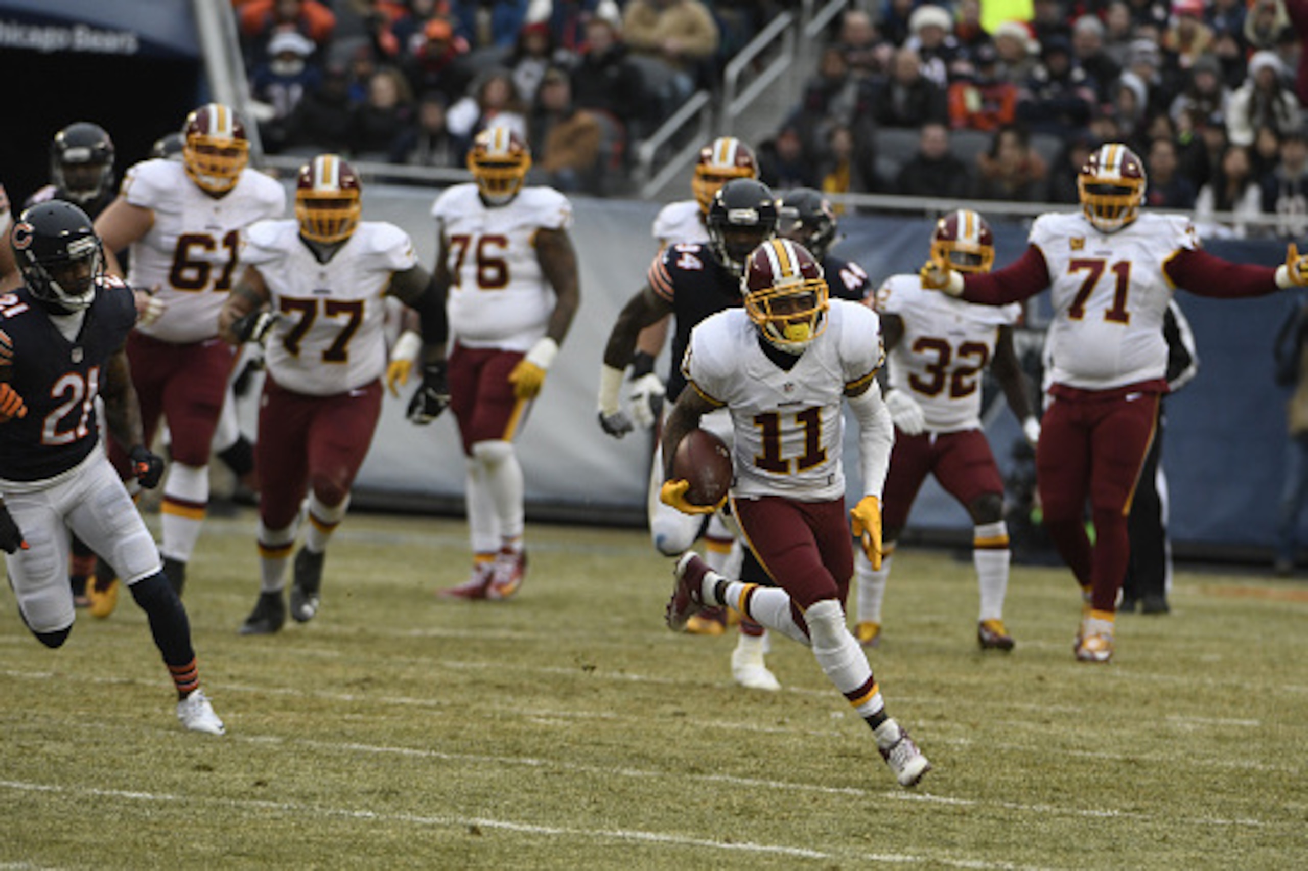 DeSean Jackson #11 of the Washington Redskins catches a pass and runs against the Chicago Bears during the first quarter at Soldier Field on December 24, 2016 in Chicago, Illinois. (Photo by David Banks/Getty Images)