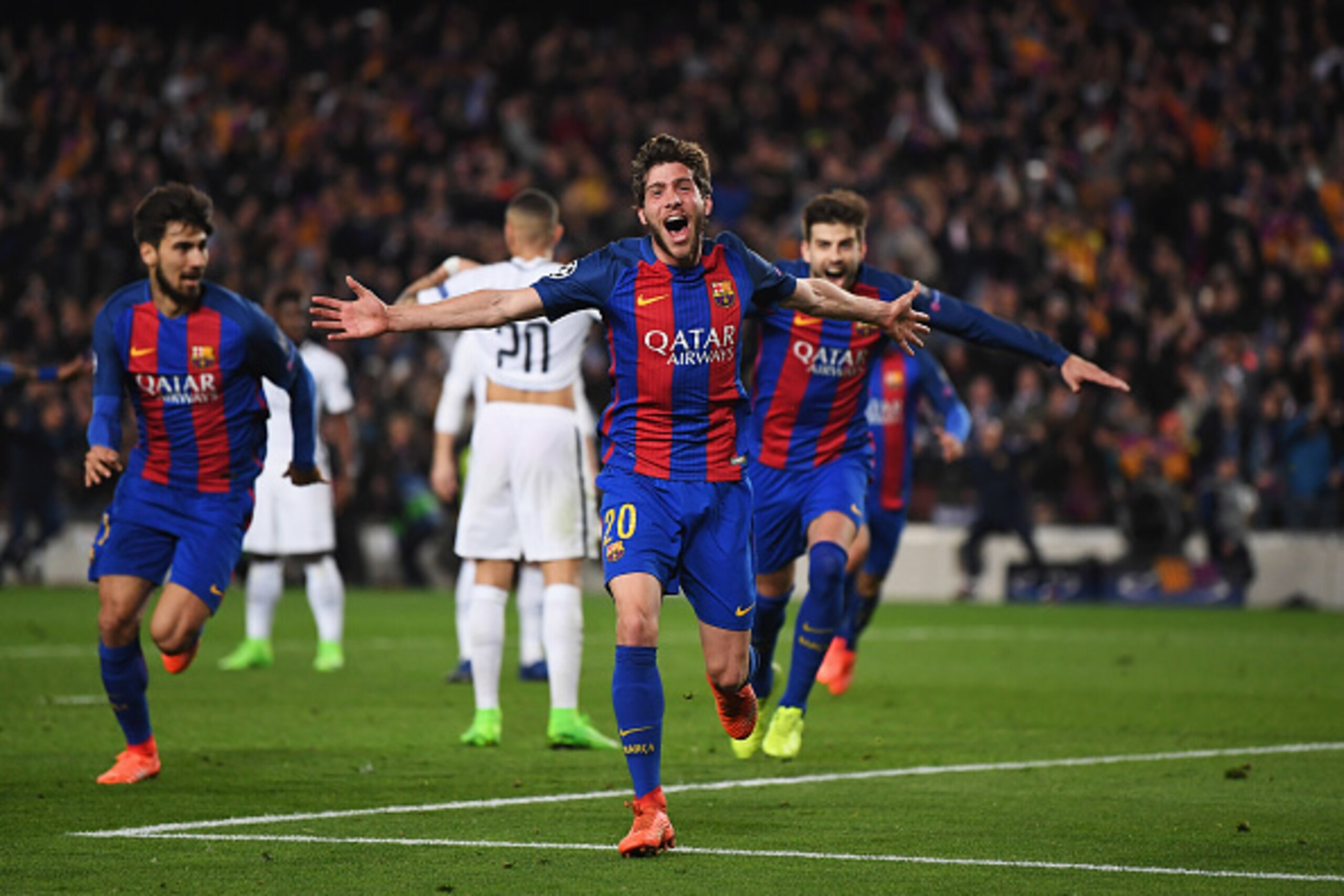 BARCELONA, SPAIN - MARCH 08:  Sergi Roberto of Barcelona as he scores their sixth goal during the UEFA Champions League Round of 16 second leg match between FC Barcelona and Paris Saint-Germain at Camp Nou on March 8, 2017 in Barcelona, Spain.  (Photo by 