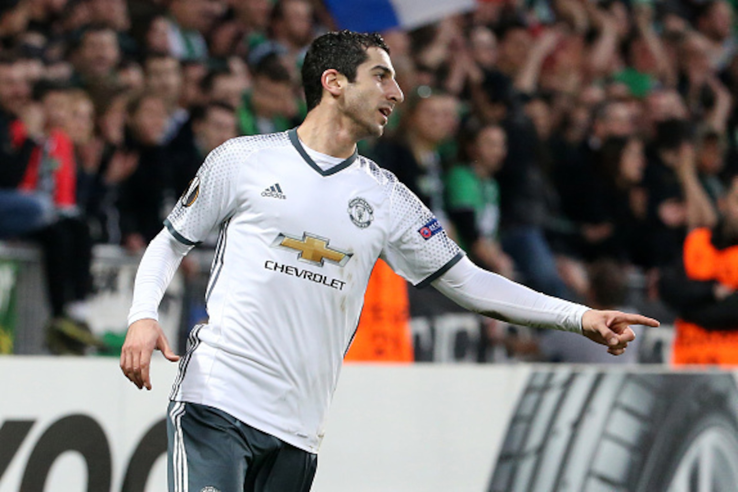 SAINT-ETIENNE, FRANCE - FEBRUARY 22: Henrikh Mkhitaryan of Manchester United celebrates his goal during the UEFA Europa League Round of 32 second leg match between AS Saint-Etienne (ASSE) and Manchester United at Stade Geoffroy-Guichard on February 22, 20