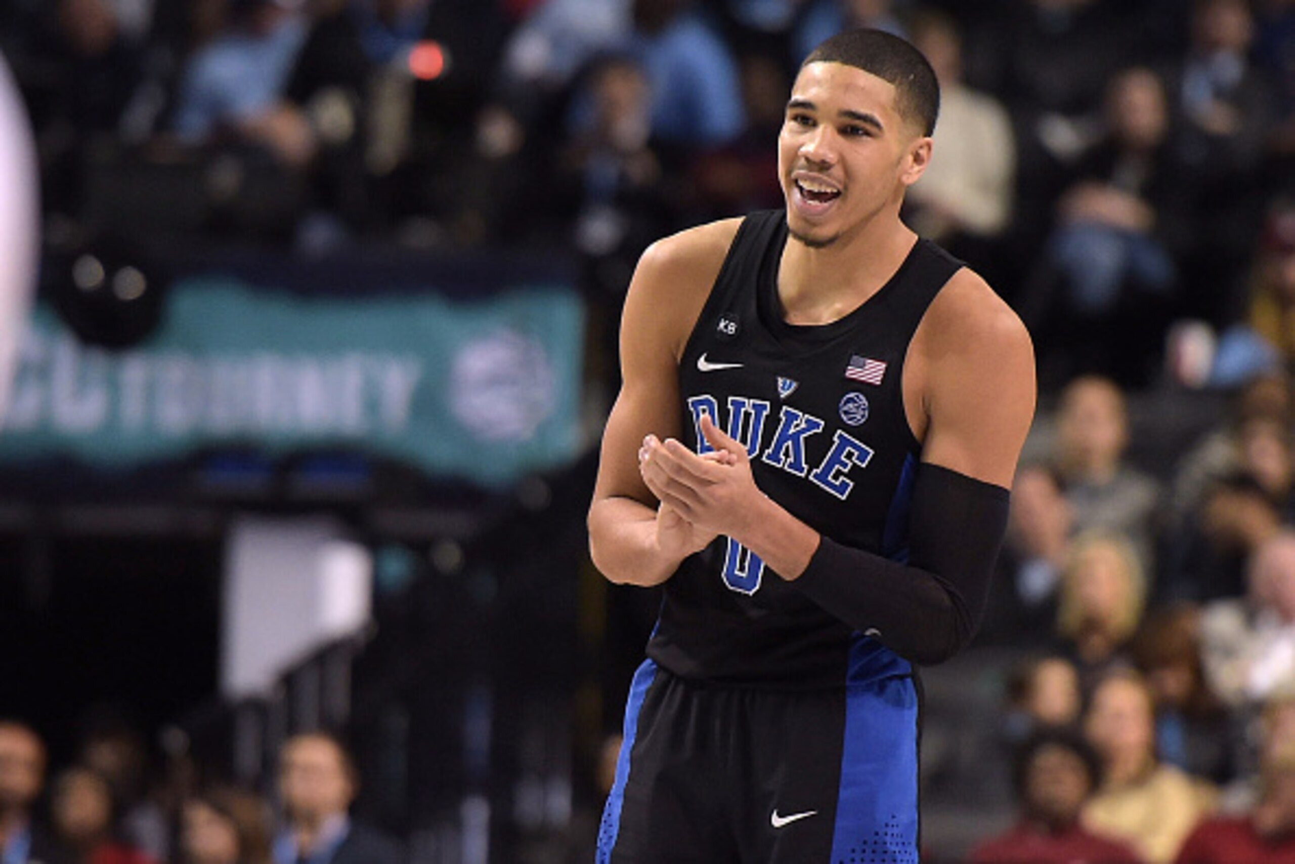 NEW YORK, NY - MARCH 10: Jayson Tatum #0 of the Duke Blue Devils reacts near the end of their game against the North Carolina Tar Heels during the semifinals of the ACC Basketball Tournament at Barclays Center on March 10, 2017 in the Brooklyn borough of 