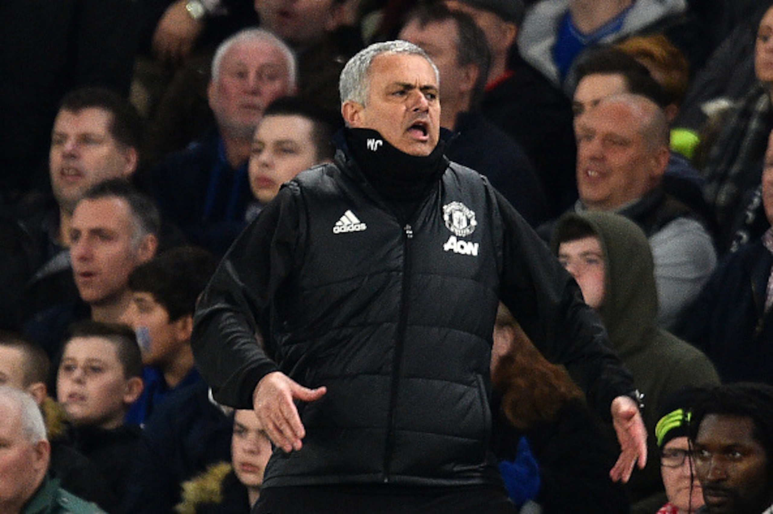 Manchester United's Portuguese manager Jose Mourinho gestures on the touchline during the English FA Cup quarter final football match between Chelsea and Manchester United at Stamford Bridge in London on March 13, 2017. / AFP PHOTO / Glyn KIRK / RESTRICTE