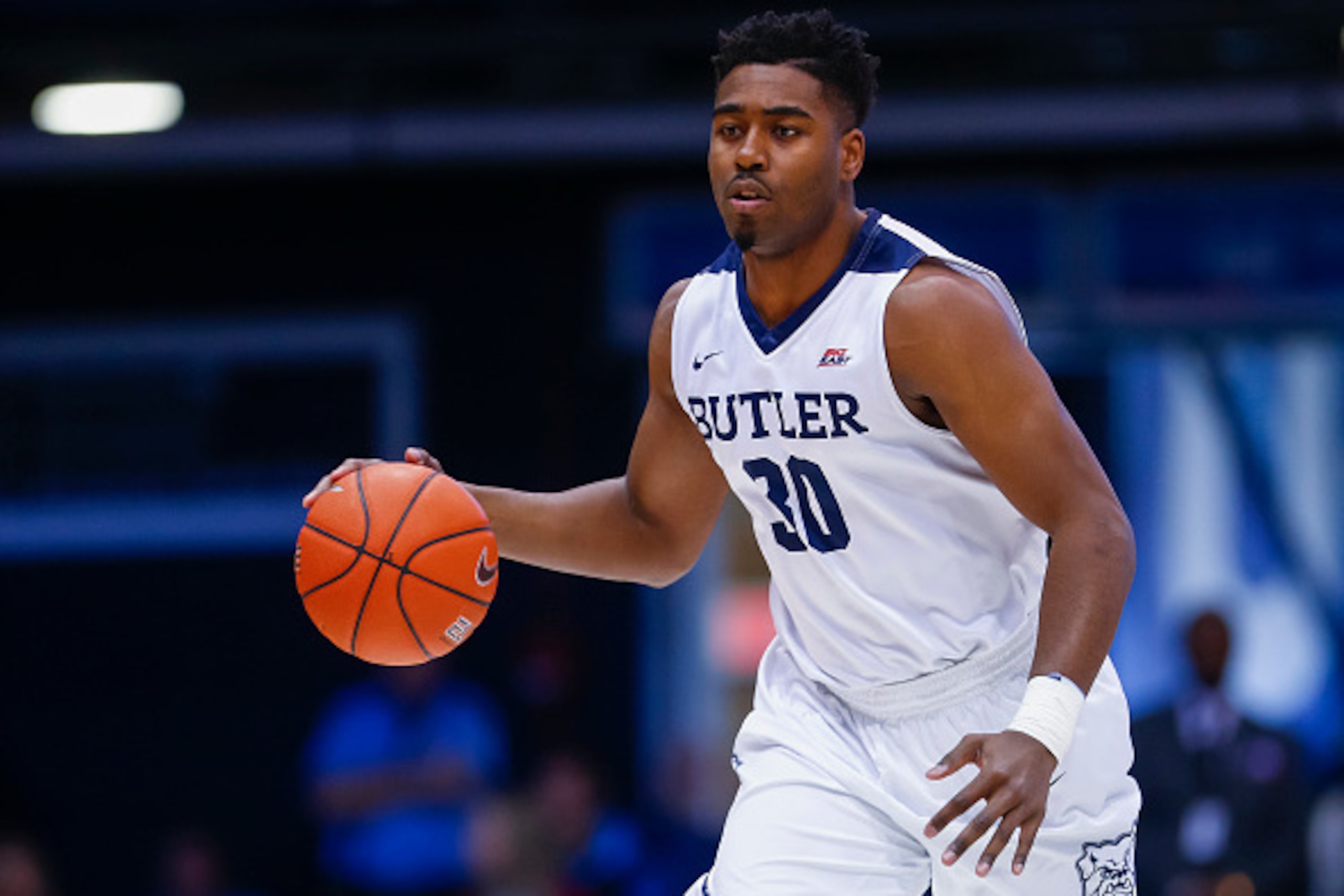 INDIANAPOLIS, IN - MARCH 04: Kelan Martin #30 of the Butler Bulldogs brings the ball up court during the game against the Seton Hall Pirates at Hinkle Fieldhouse on March 4, 2017 in Indianapolis, Indiana. (Photo by Michael Hickey/Getty Images)