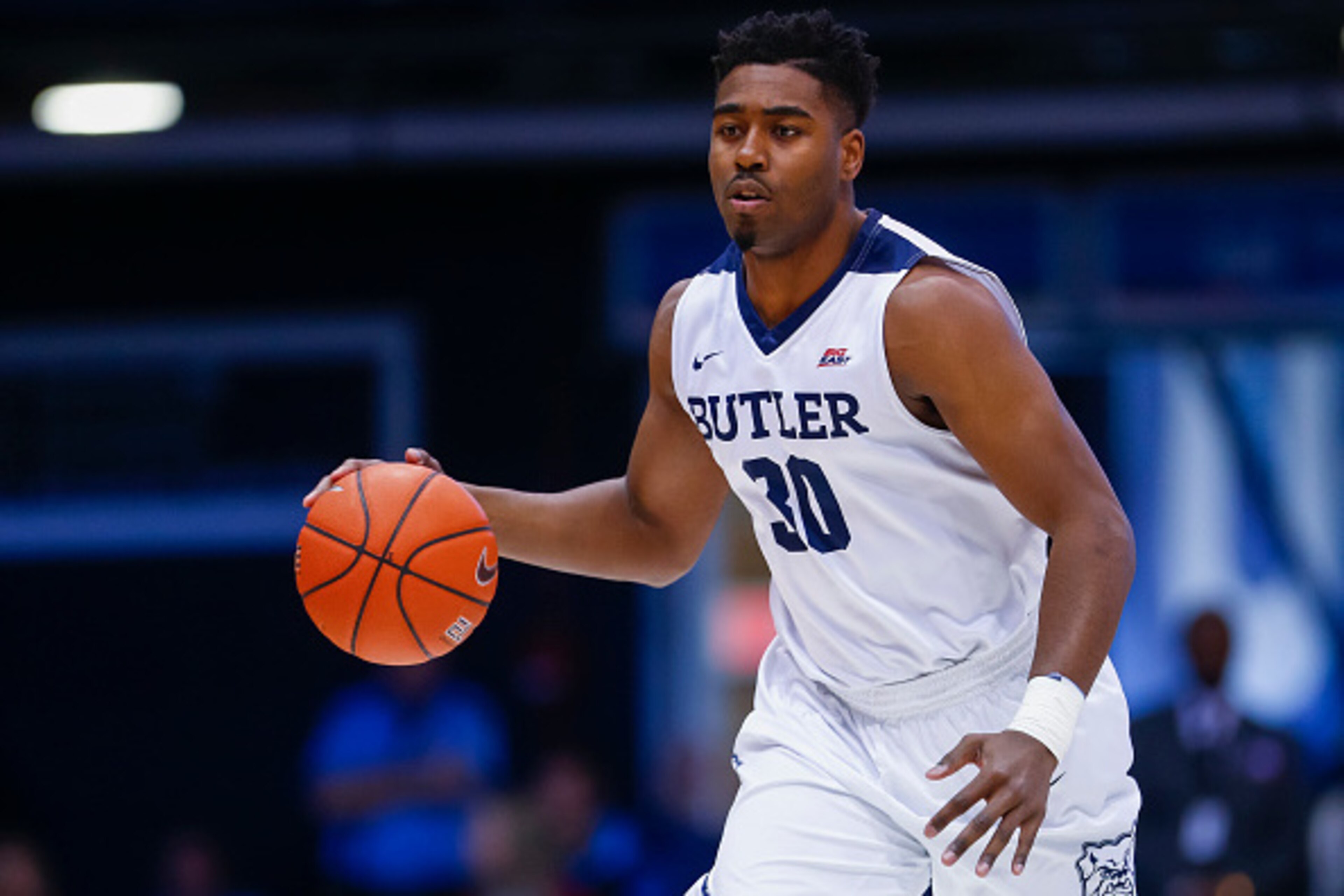 INDIANAPOLIS, IN - MARCH 04: Kelan Martin #30 of the Butler Bulldogs brings the ball up court during the game against the Seton Hall Pirates at Hinkle Fieldhouse on March 4, 2017 in Indianapolis, Indiana. (Photo by Michael Hickey/Getty Images)