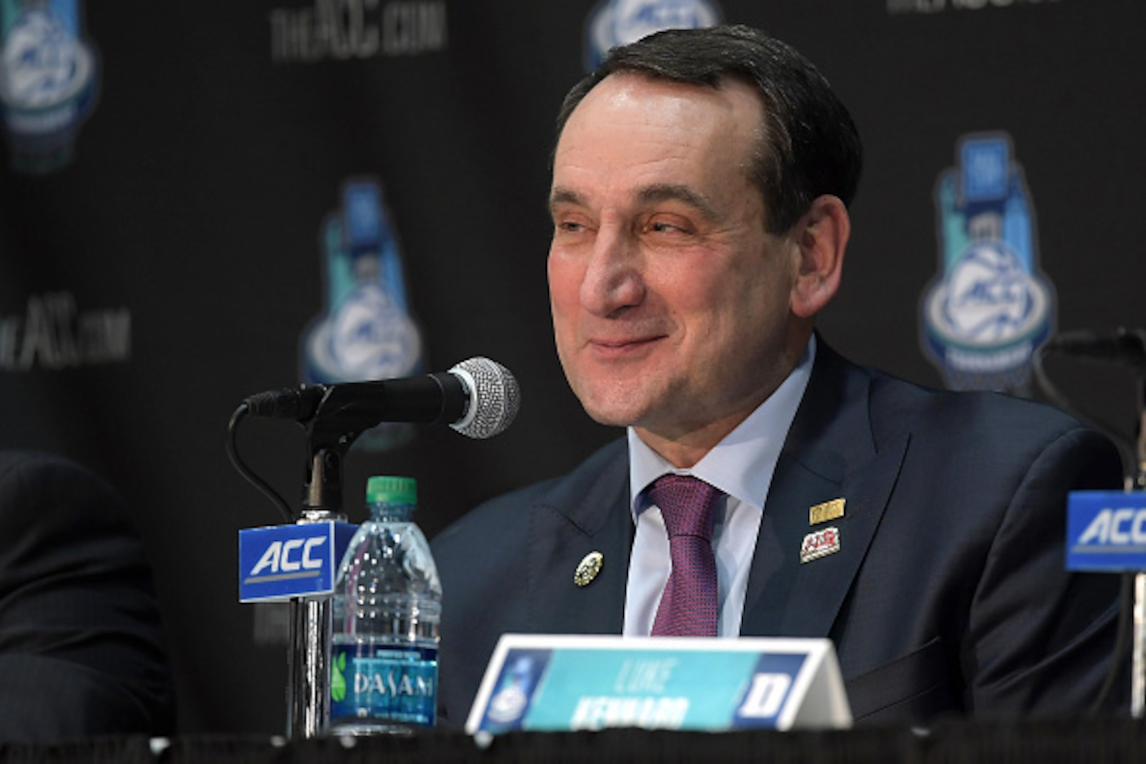 NEW YORK, NY - MARCH 11: Head coach Mike Krzyzewski of the Duke Blue Devils listens to a question during the post-game press conference following their 75-69 victory against the Notre Dame Fighting Irish during the ACC Basketball Tournament Championship g