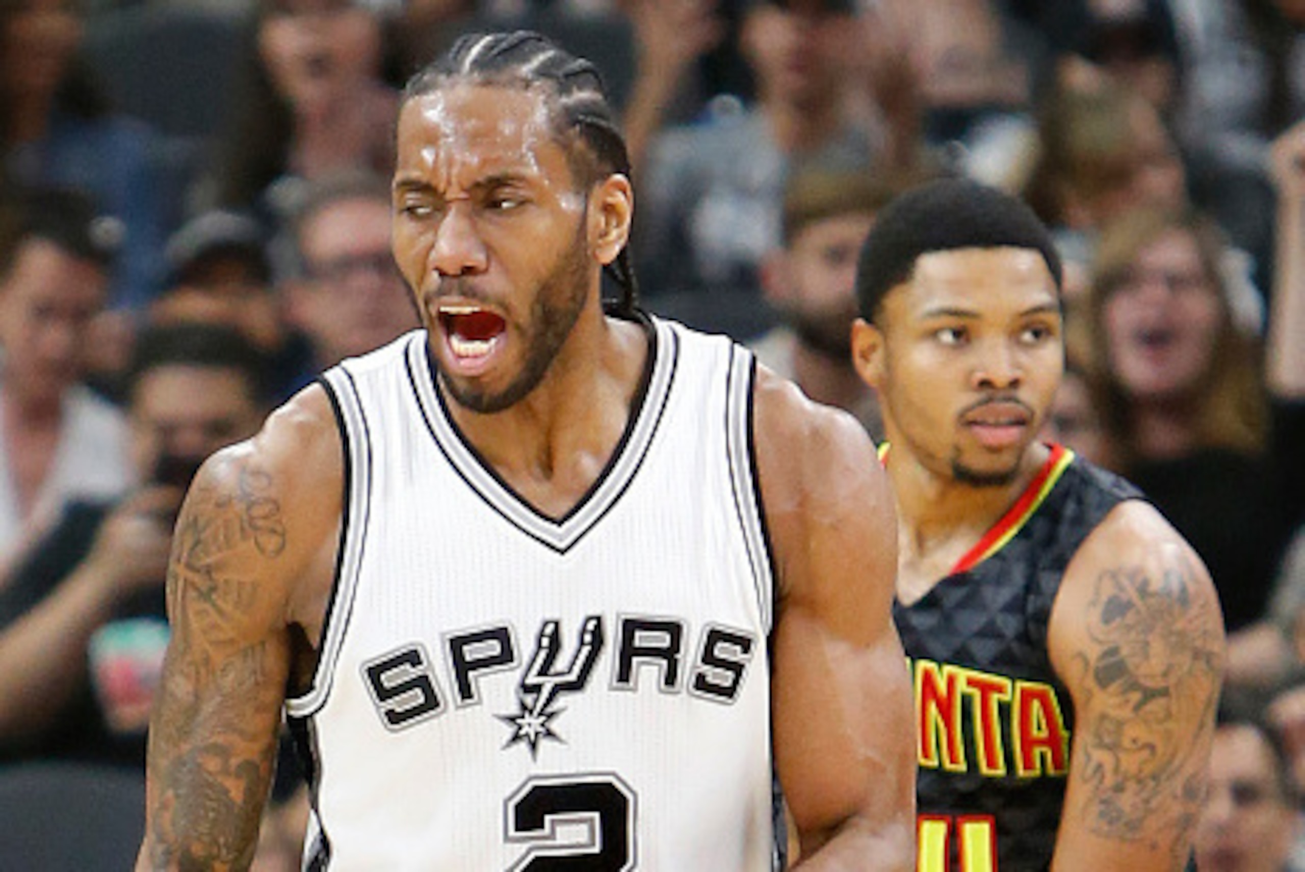 SAN ANTONIO,TX - MARCH 13: Kawhi Leonard #2 of the San Antonio Spurs reacts after scoring but not getting an and one against the Atlanta Hawks at AT&T Center on March 13, 2017 in San Antonio, Texas.  NOTE TO USER: User expressly acknowledges and agrees th