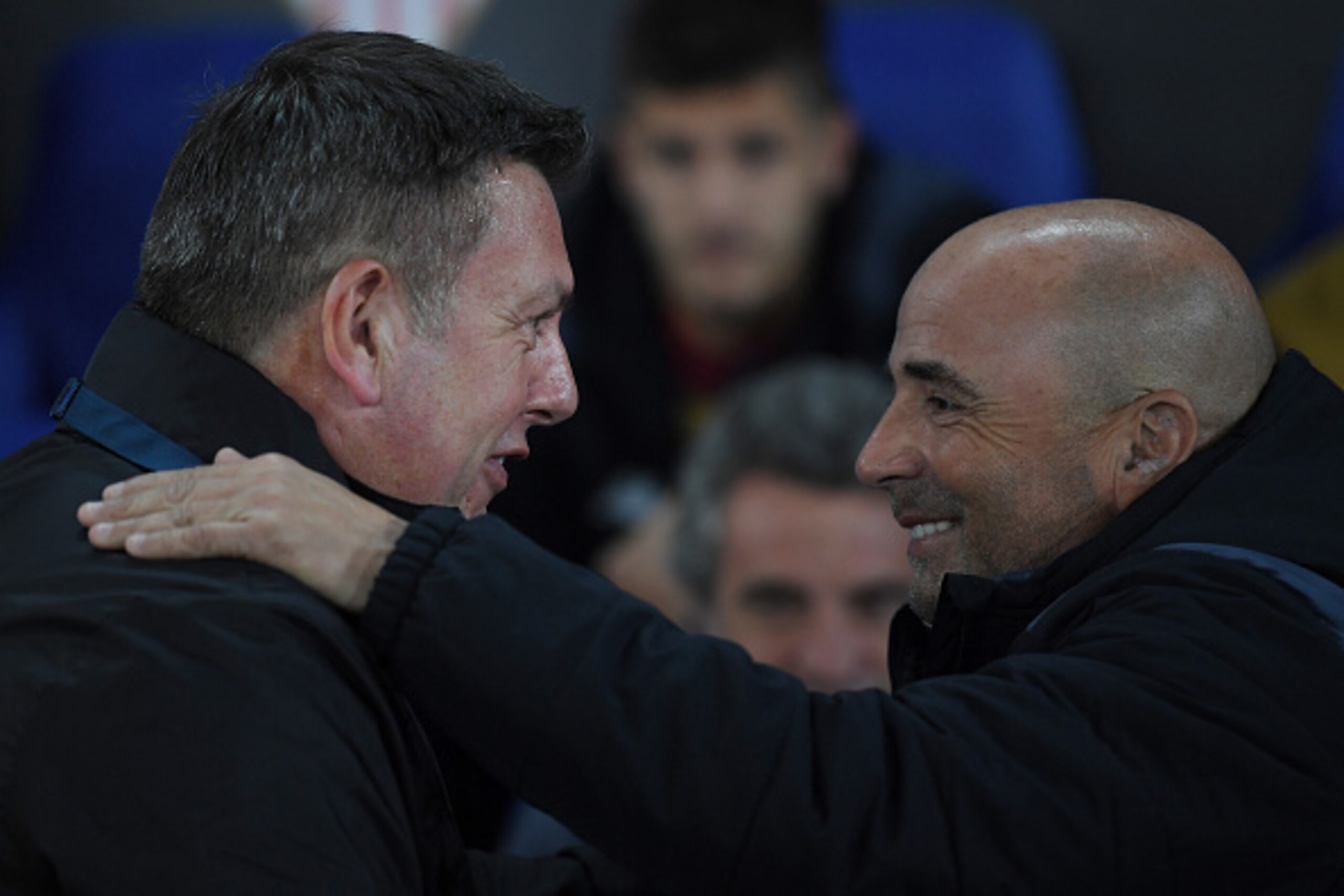 LEICESTER, ENGLAND - MARCH 14:  (L-R) Craig Shakespeare the interim Manager of Leicester City and Jorge Sampaoli the Manager of Sevilla greet each other during the UEFA Champions League Round of 16, second leg match between Leicester City and Sevilla FC a