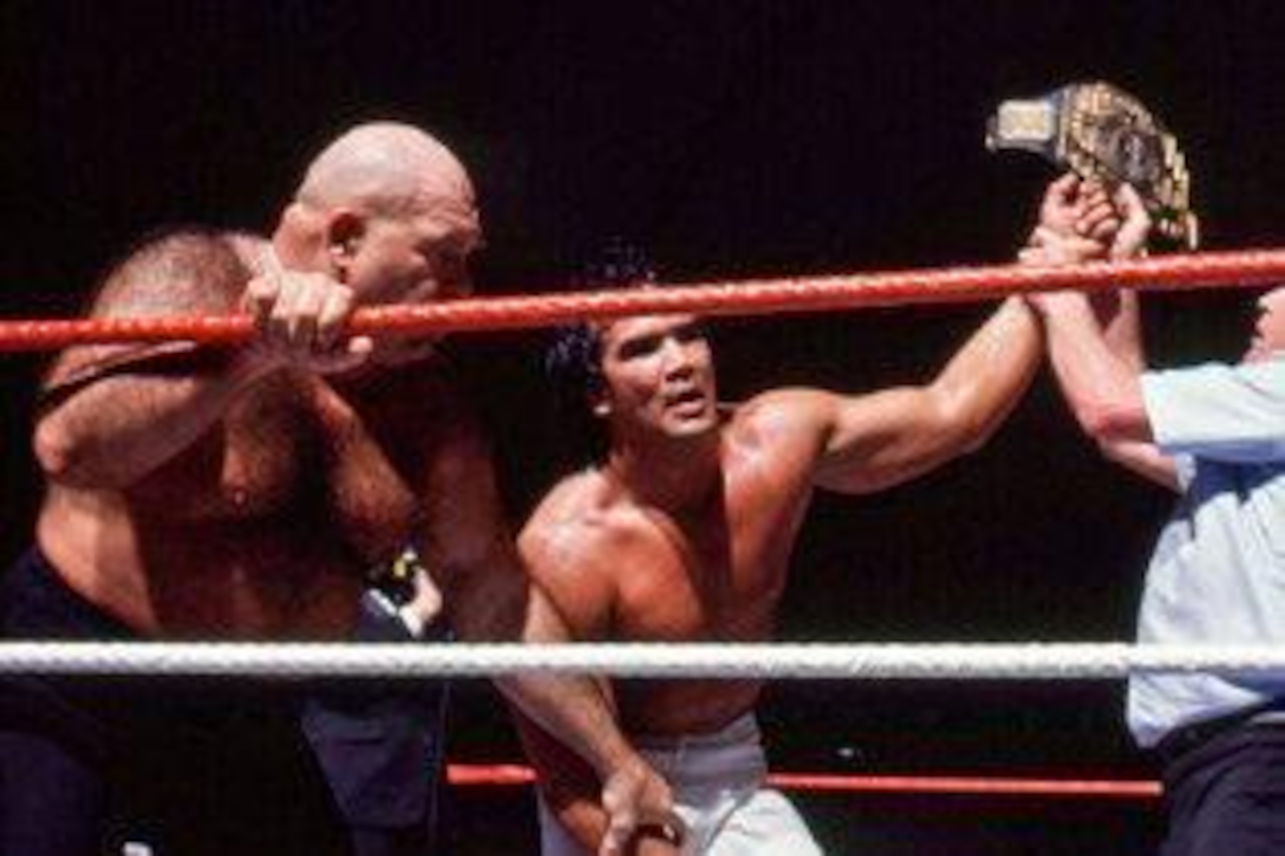 Ricky Steamboat celebrates his title win at WrestleMania III.