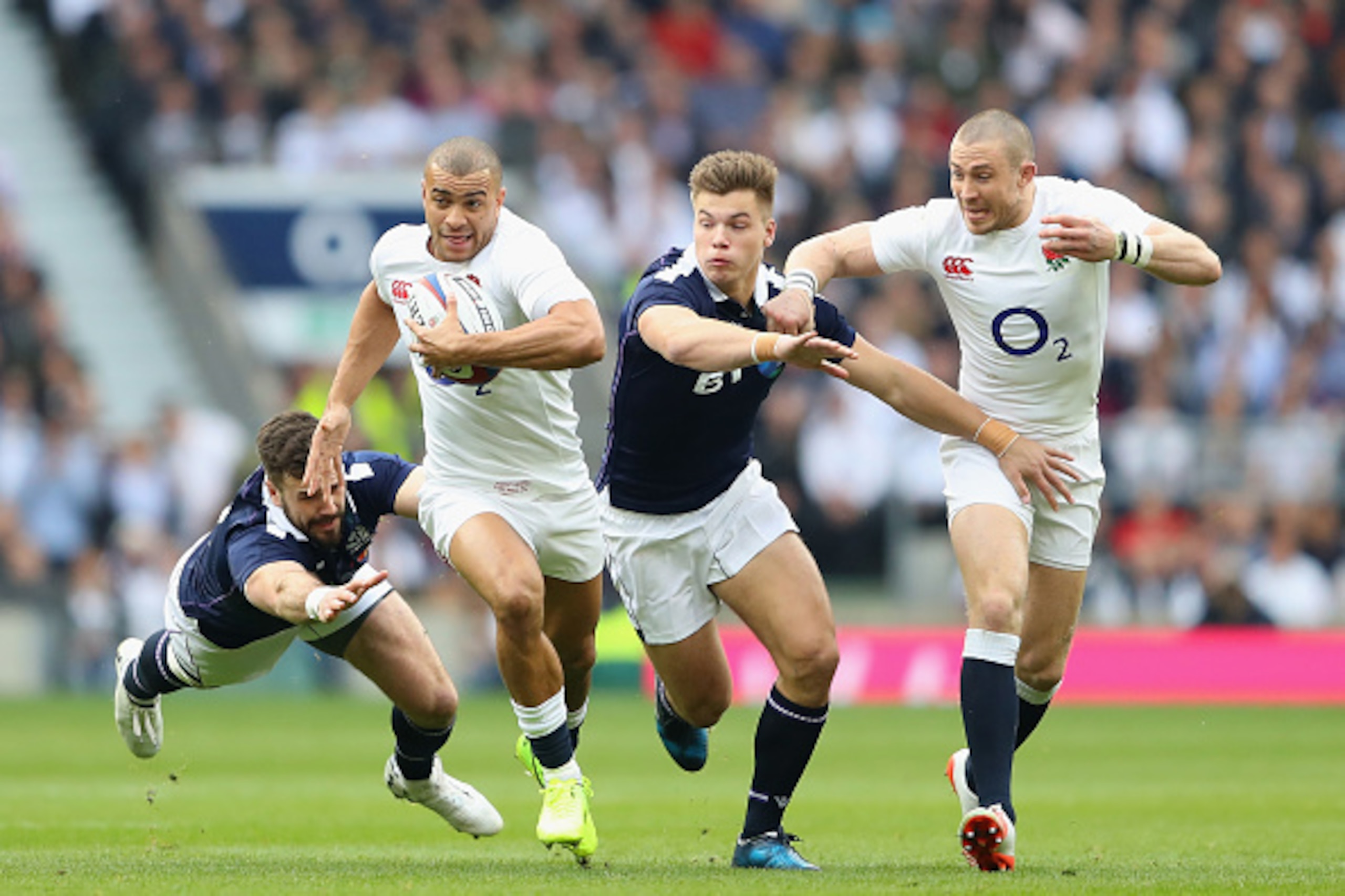LONDON, ENGLAND - MARCH 11:  Jonathan Joseph of England scores a try during the RBS 6 Nations match between England and Scotland at Twickenham Stadium on March 11, 2017 in London, England.  (Photo by Warren Little/Getty Images)