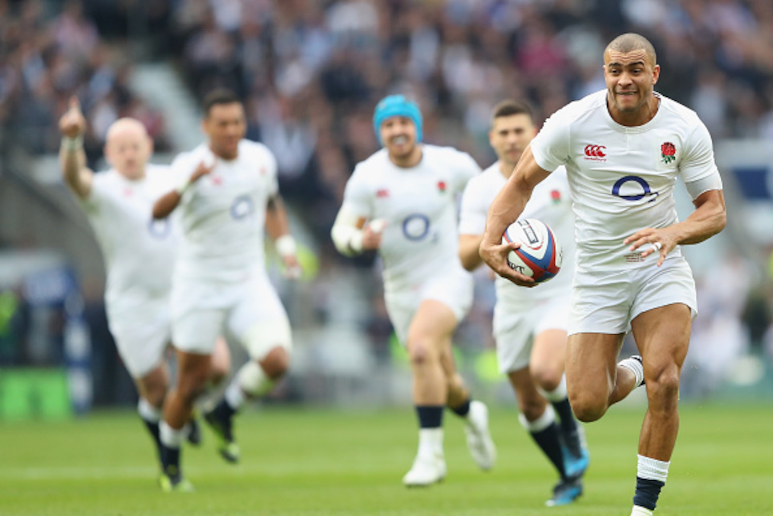 LONDON, ENGLAND - MARCH 11:  Jonathan Joseph of England scores a try during the RBS 6 Nations match between England and Scotland at Twickenham Stadium on March 11, 2017 in London, England.  (Photo by Warren Little/Getty Images)