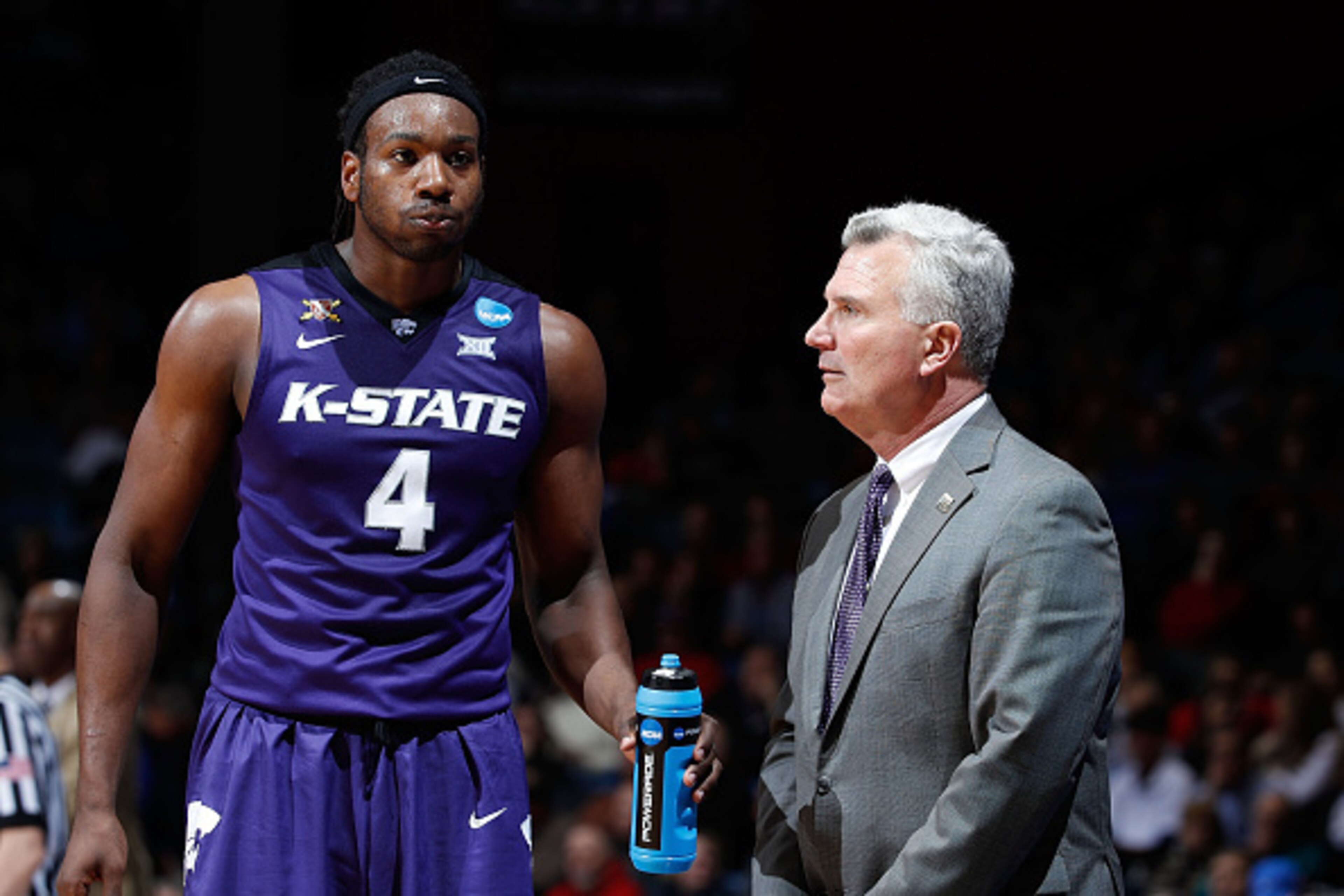 DAYTON, OH - MARCH 14:  Head coach Bruce Weber of the Kansas State Wildcats reacts with D.J. Johnson #4 during the First Four game against the Wake Forest Demon Deacons in the 2017 NCAA Men's Basketball Tournament at UD Arena on March 14, 2017 in Dayton, 