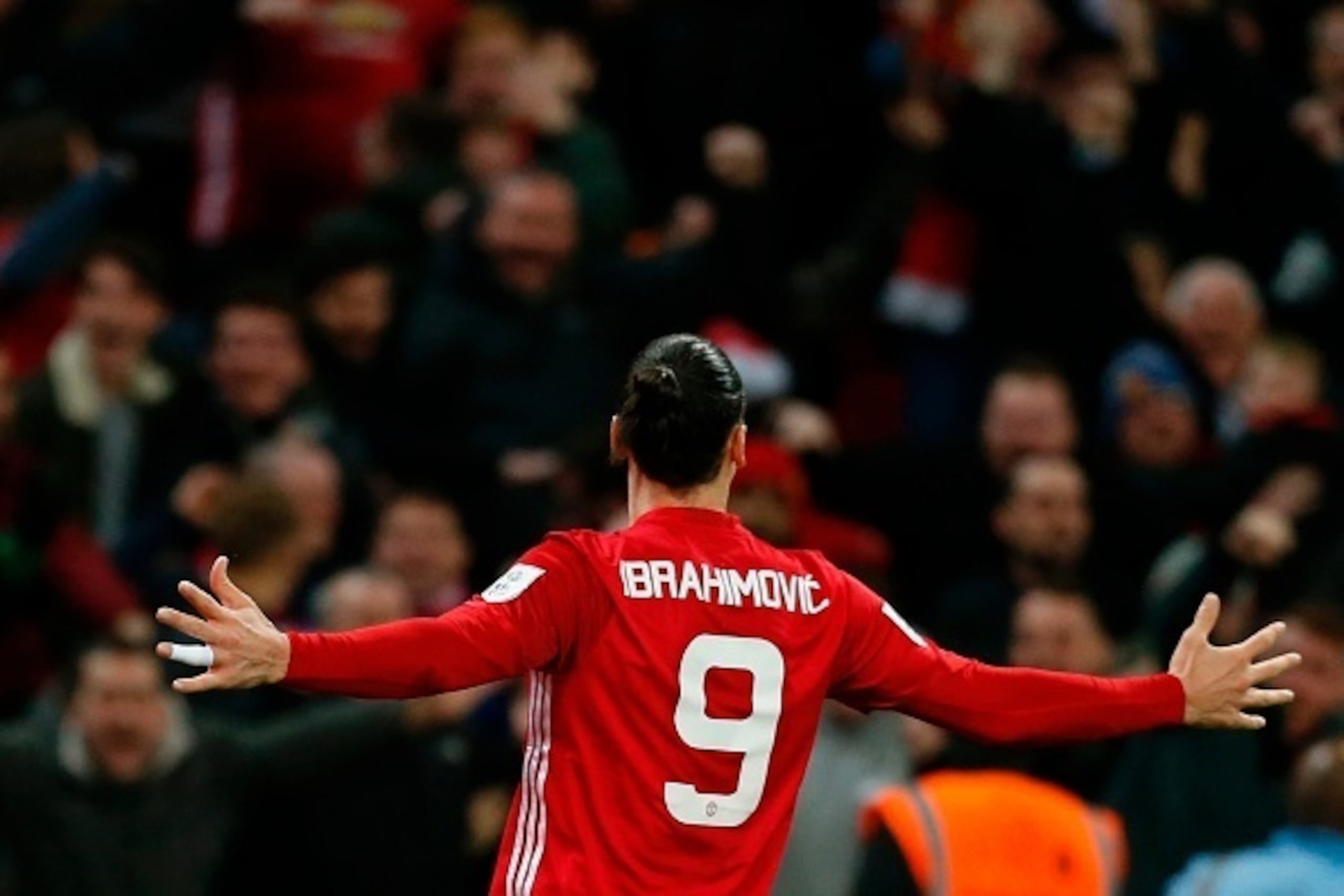 Manchester United's Swedish striker Zlatan Ibrahimovic celebrates after scoring their third goal during the English League Cup final football match between Manchester United and Southampton at Wembley stadium in north London on February 26, 2017.
Manchest