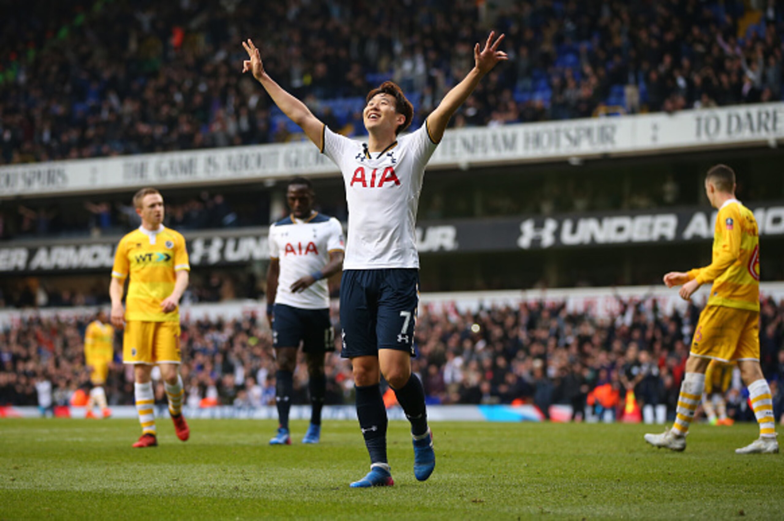 LONDON, ENGLAND - MARCH 12: Son Heung-min of Tottenham Hotspur celebrates during The Emirates FA Cup Quarter-Final match between Tottenham Hotspur and Millwall at White Hart Lane on March 12, 2017 in London, England. (Photo by Catherine Ivill - AMA/Getty 