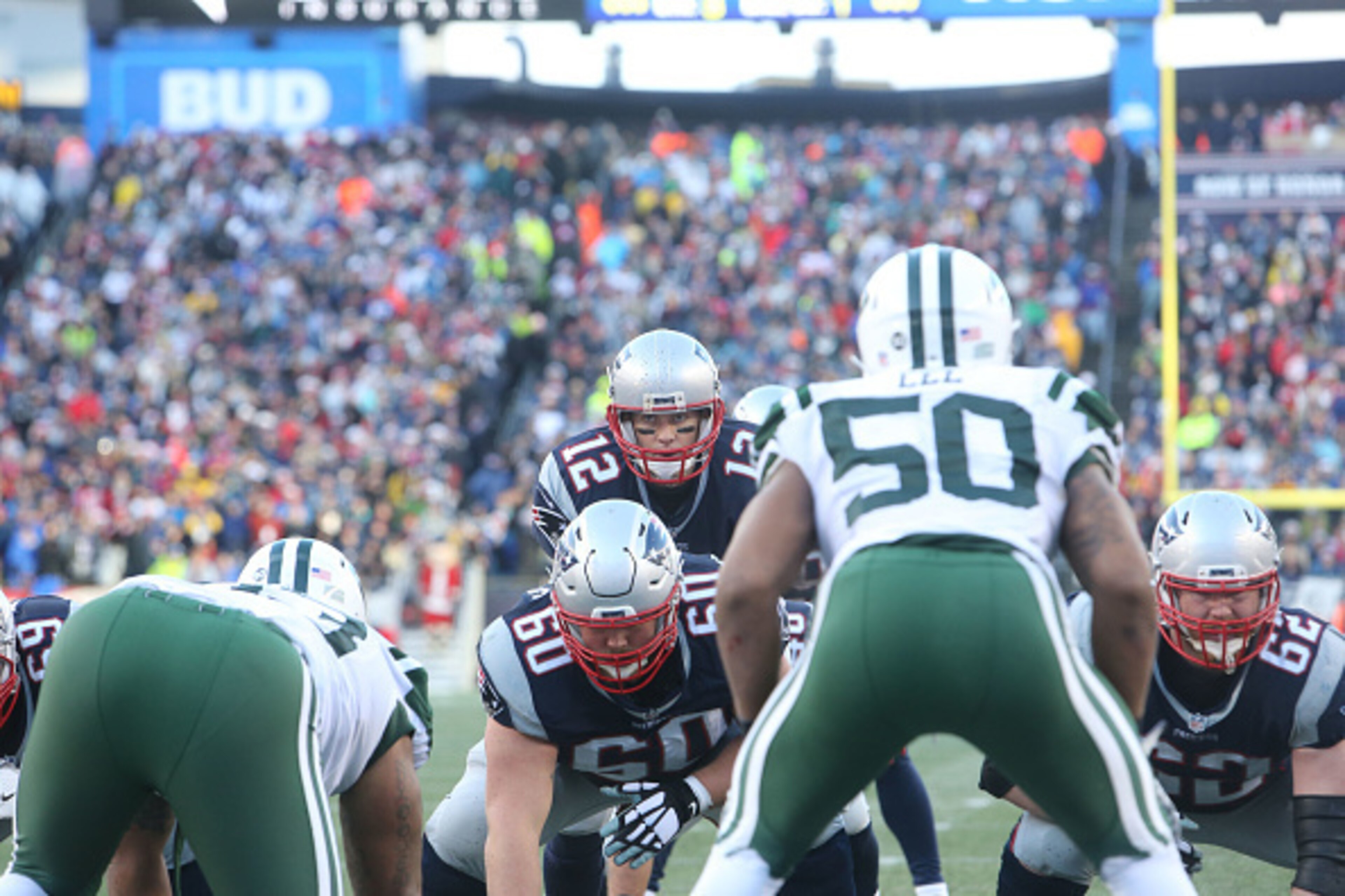 FOXBORO, MA - DECEMBER 24: Quarterback Tom Brady #12 of the New England Patriots calls a play against the New York Jets at Gillette Stadium on December 24, 2016 in Foxboro, Massachusetts. (Photo by Al Pereira/Getty Images)