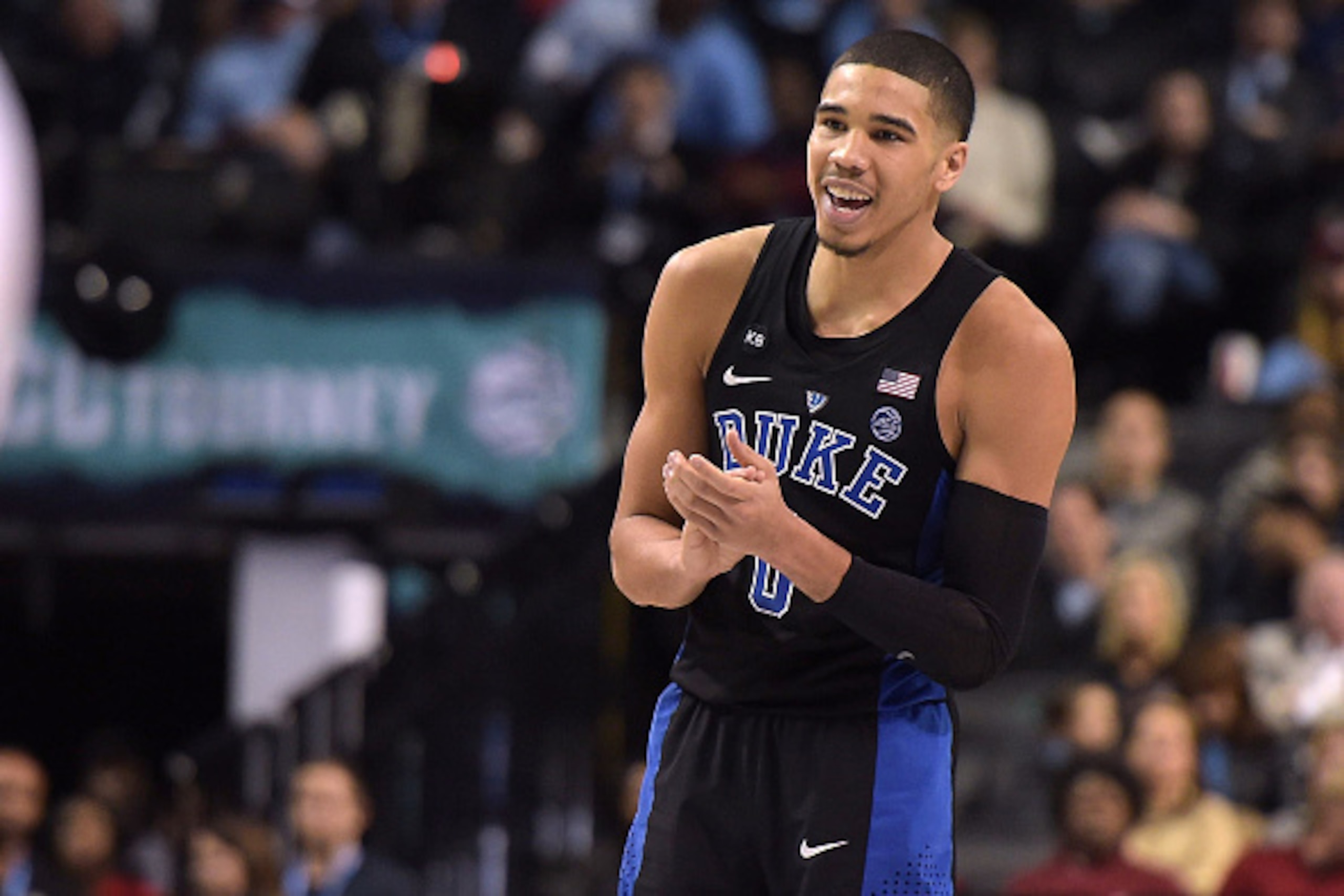 NEW YORK, NY - MARCH 10: Jayson Tatum #0 of the Duke Blue Devils reacts near the end of their game against the North Carolina Tar Heels during the semifinals of the ACC Basketball Tournament at Barclays Center on March 10, 2017 in the Brooklyn borough of 