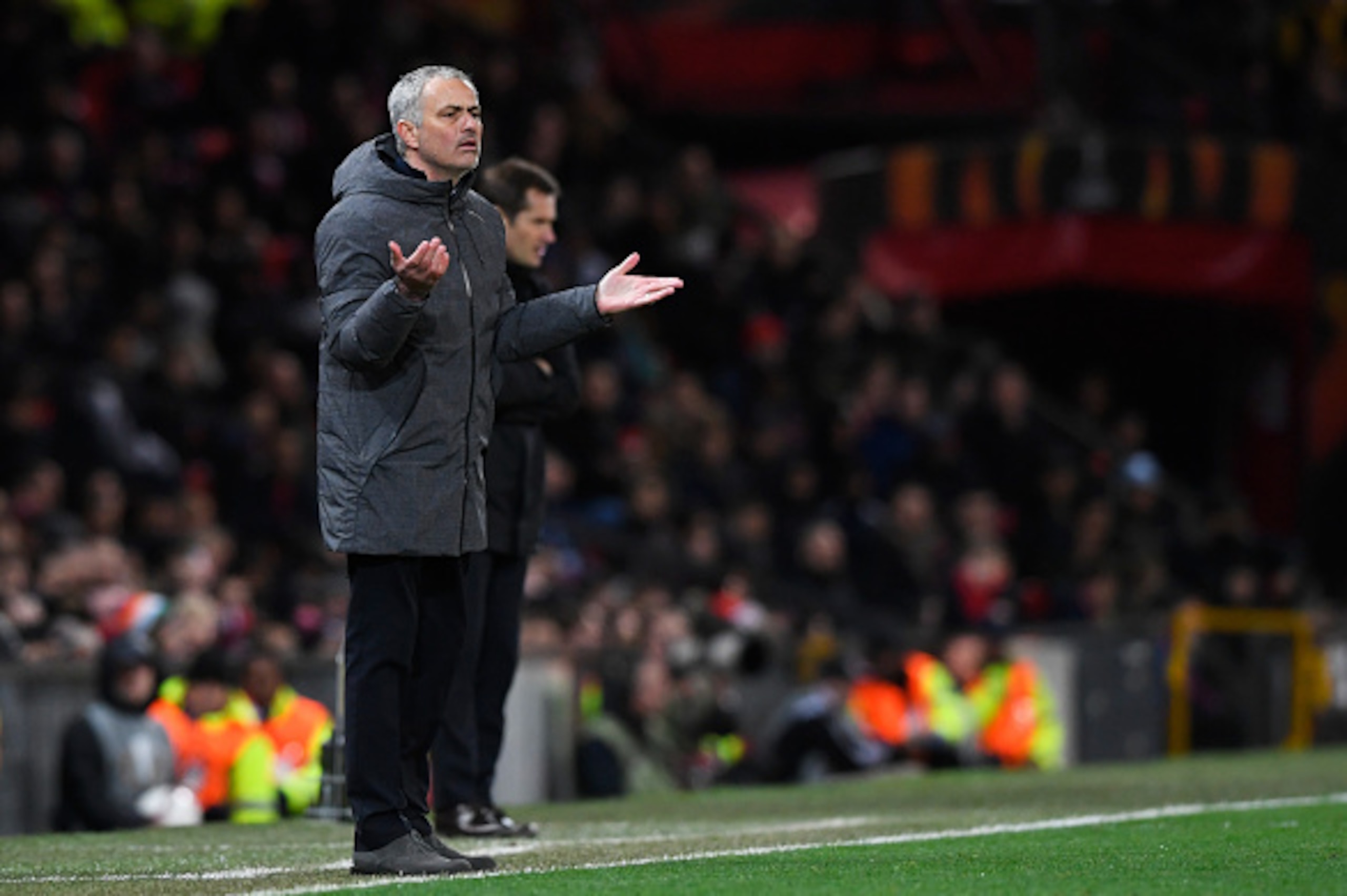MANCHESTER, ENGLAND - MARCH 16:  Jose Mourinho, Manager of Manchester United reacts during the UEFA Europa League Round of 16, second leg match between Manchester United and FK Rostov at Old Trafford on March 16, 2017 in Manchester, United Kingdom.  (Phot