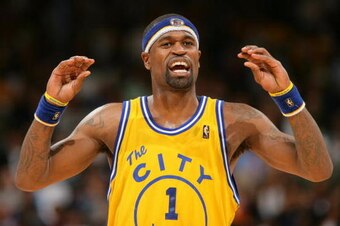 OAKLAND, CA - MARCH 29:   Stephen Jackson #1 of the Golden State Warriors celebrates a good play against the Phoenix Suns on March 29, 2007 at Oracle Arena in Oakland, California. NOTE TO USER: User expressly acknowledges and agrees that, by downloading a