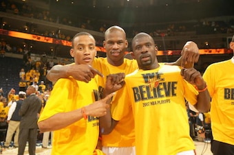 OAKLAND, CA - MAY 3: Monta Ellis #8 Al Harrington #3 and Jason Richardson #23 show off their 'We Believe' t-shirts after the victory against the Dallas Mavericks in Game Six of the 2007 NBA Playoffs on May 3, 2007 at Oracle Arena in Oakland, California. N