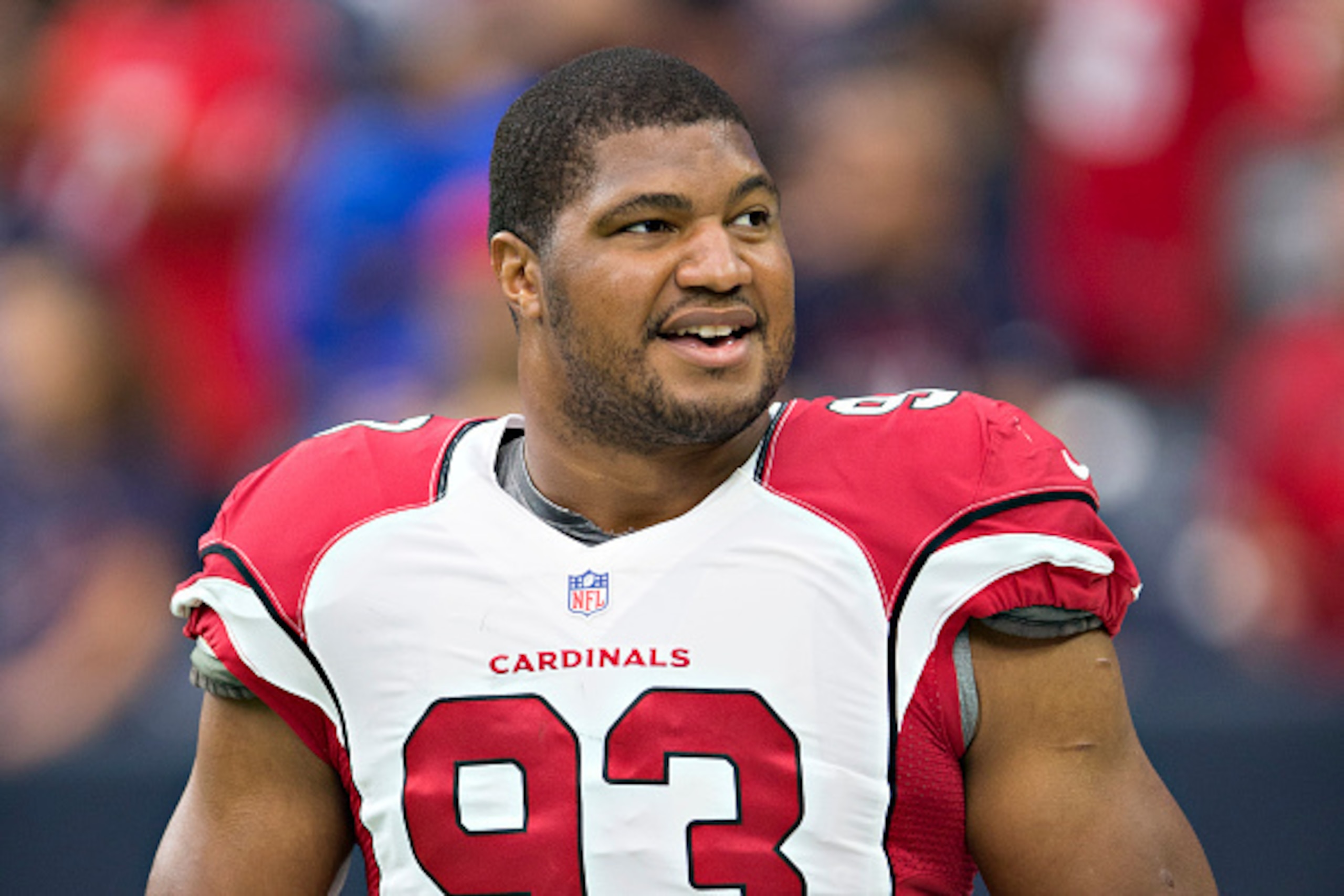 HOUSTON, TX - AUGUST 28:  Calais Campbell #93 of the Arizona Cardinals warms up before a preseason game against the Houston Texans at NRG Stadium on August 28, 2016 in Houston, Texas.  The Texans defeated the Cardinals 34-24.  (Photo by Wesley Hitt/Getty 