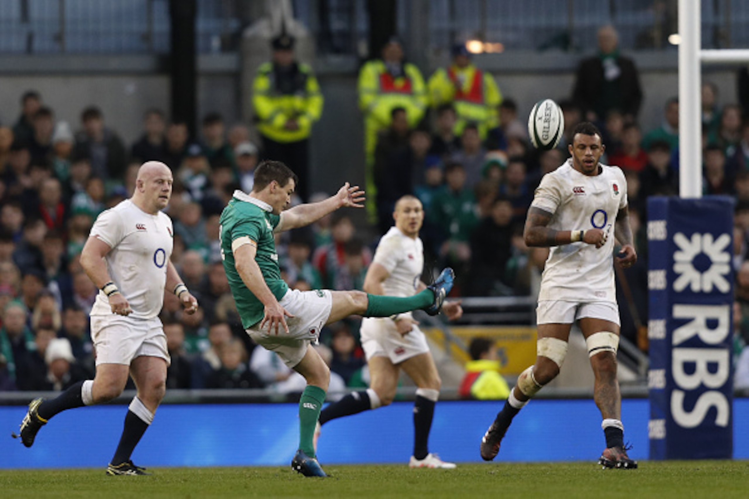 Ireland's fly-half Johnny Sexton kicks during the Six Nations international rugby union match between Ireland and England at the Aviva Stadium in Dublin on March 18, 2017.   / AFP PHOTO / Adrian DENNIS        (Photo credit should read ADRIAN DENNIS/AFP/Ge