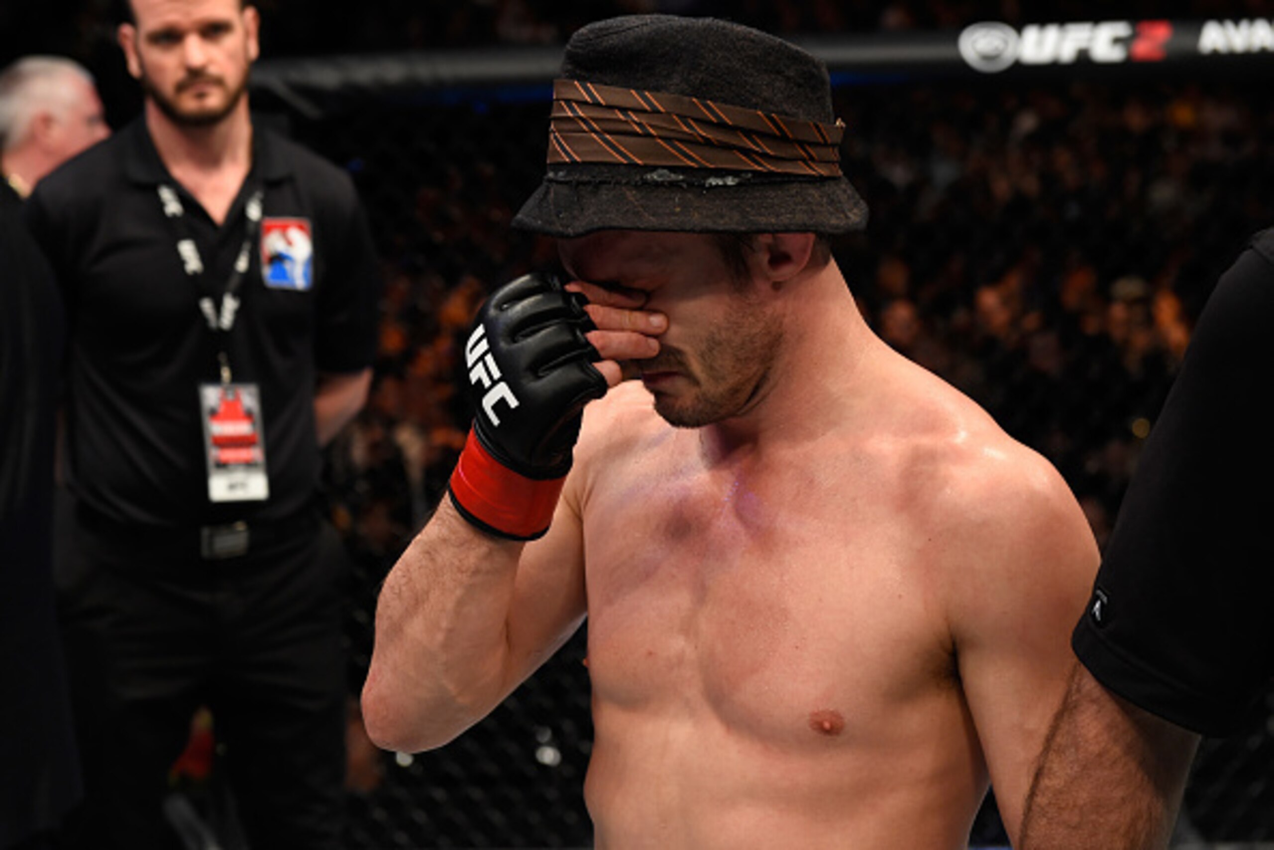 LONDON, ENGLAND - MARCH 18:  Brad Pickett of England reacts to his knockout loss to Marlon Vera of Ecuador in their bantamweight fight during the UFC Fight Night event at The O2 arena on March 18, 2017 in London, England. (Photo by Josh Hedges/Zuffa LLC/Z