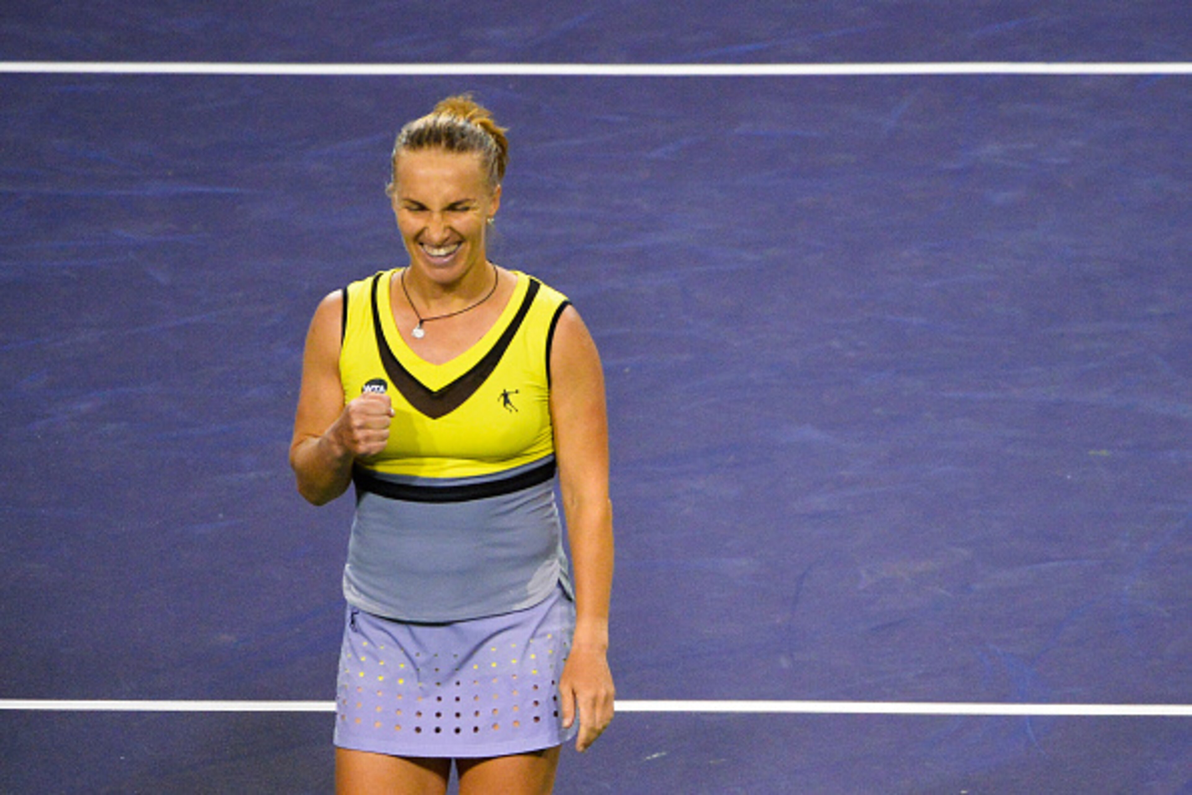 INDIAN WELLS, CA - MARCH 17: Svetlana Kuznetsova of Russia celebrates match point after defeating Karolina Pliskova of the Czech Republic in the women's semifinal on day 12 during the BNP Paribas Open at Indian Wells Tennis Garden on March 17, 2017 in In INDIAN WELLS, CA - MARCH 17: Svetlana Kuznetsova of Russia celebrates match point after defeating Karolina Pliskova of the Czech Republic in the women's semifinal on day 12 during the BNP Paribas Open at Indian Wells Tennis Garden on March 17, 2017 in In