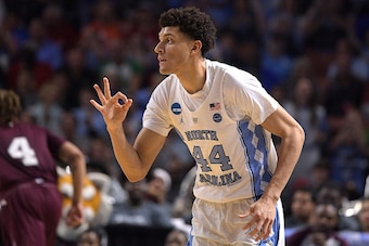 GREENVILLE, SC - MARCH 17: Justin Jackson #44 of the North Carolina Tar Heels reacts during their game against the Texas Southern Tigers during the first round of the 2017 NCAA Men's Basketball Tournament at Bon Secours Wellness Arena on March 17, 2017 in