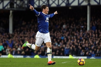 LIVERPOOL, ENGLAND - FEBRUARY 04: Ross Barkley of Everton celebrates before scoring his side's sixth goal during the Premier League match between Everton and AFC Bournemouth at Goodison Park on February 4, 2017 in Liverpool, England. (Photo by Chris Bruns