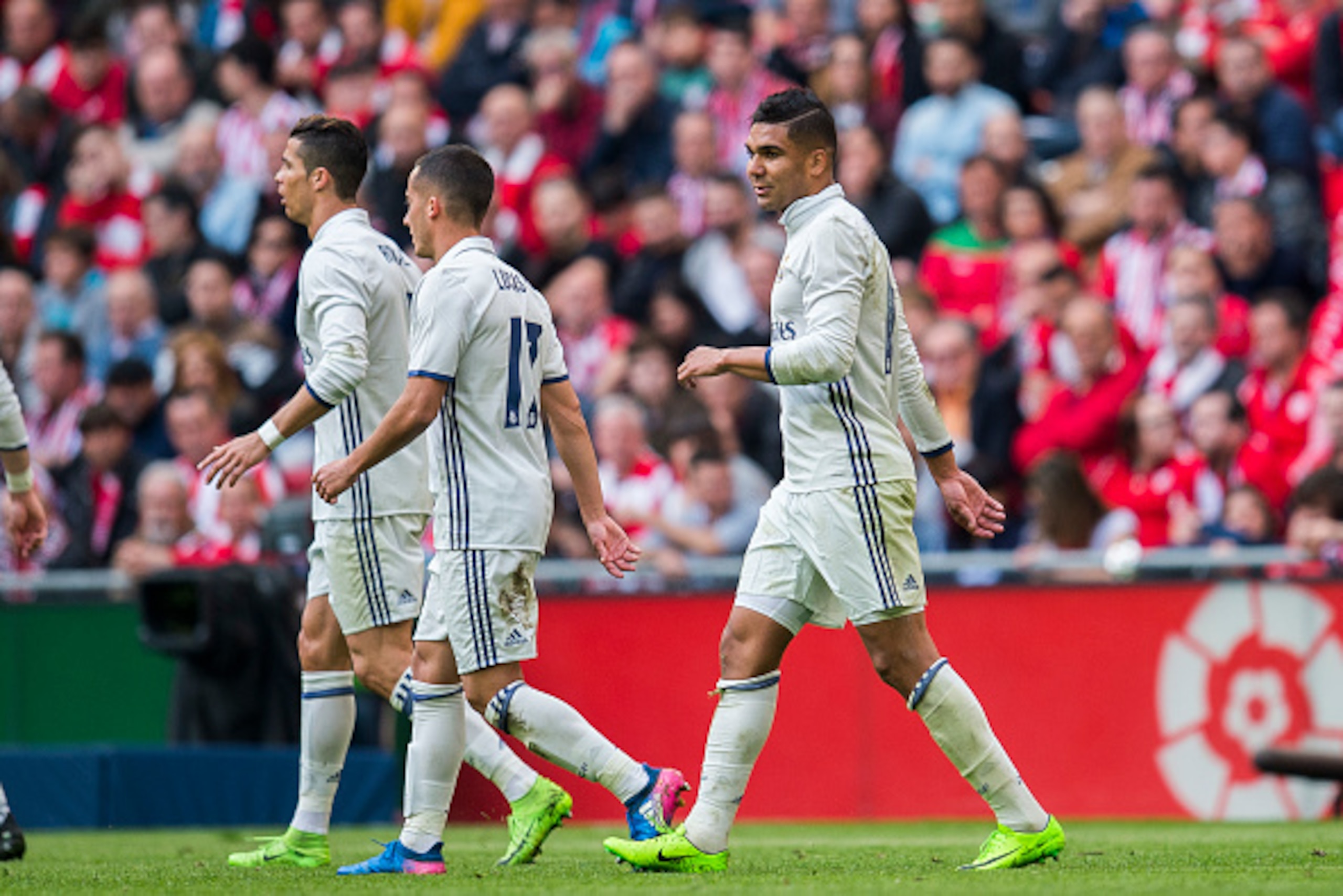 BILBAO, SPAIN - MARCH 18:  Casemiro of Real Madrid celebrates after scoring his team's second goal during the La Liga match between Athletic Club Bilbao and Real Madrid at San Mames Stadium on March 18, 2017 in Bilbao, Spain.  (Photo by Juan Manuel Serran