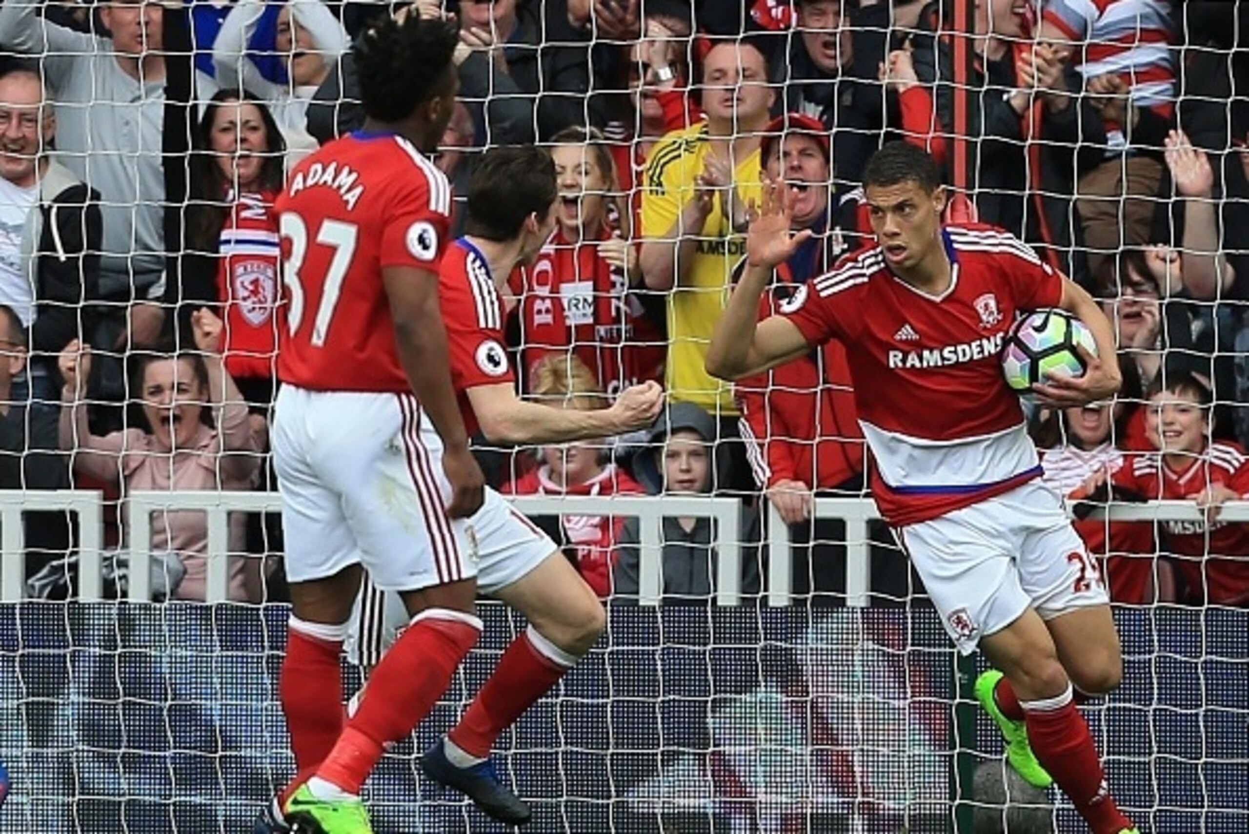 Middlesbrough's French striker Rudy Gestede (R) turns to celebrate after scoring their first goal during the English Premier League football match between Middlesbrough and Manchester United at Riverside Stadium in Middlesbrough, north east England on Mar Middlesbrough's French striker Rudy Gestede (R) turns to celebrate after scoring their first goal during the English Premier League football match between Middlesbrough and Manchester United at Riverside Stadium in Middlesbrough, north east England on Mar