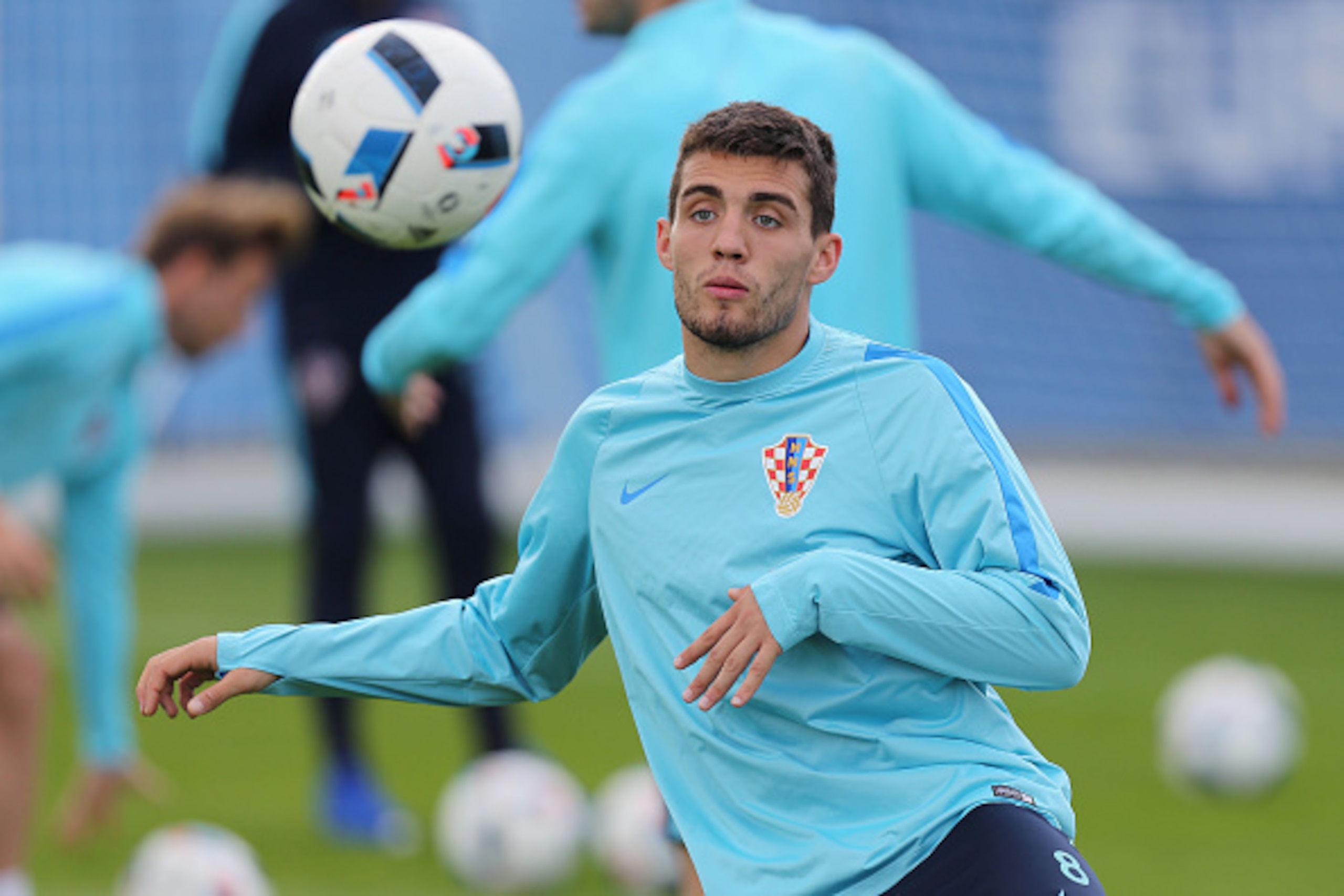 Croatia's midfielder Mateo Kovacic attends a training session in Deauville, northwestern France, on June 15, 2016, during the Euro 2016 football tournament.  / AFP / CHARLY TRIBALLEAU        (Photo credit should read CHARLY TRIBALLEAU/AFP/Getty Images)