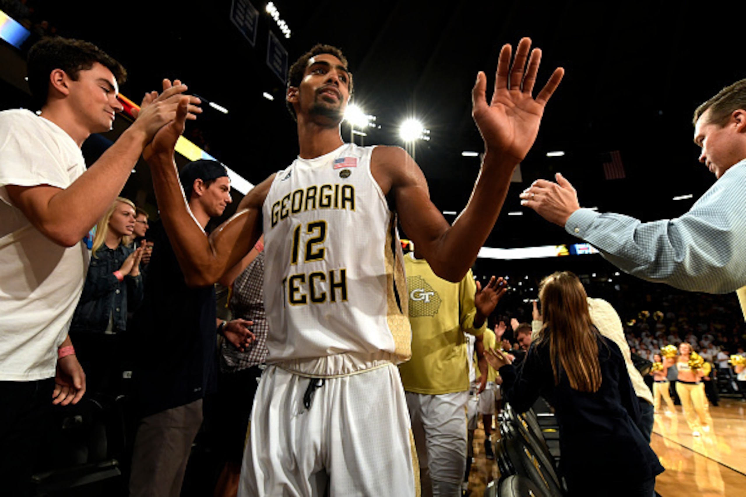 ATLANTA, GA - JANUARY 12: Quinton Stephens #12 of the Georgia Tech Yellow Jackets gives high fives following the Yellow Jackets' victory over the Clemson Tigers at Hank McCamish Pavilion on January 12, 2017 in Atlanta, Georgia. (Photo by Mike Comer/Getty 