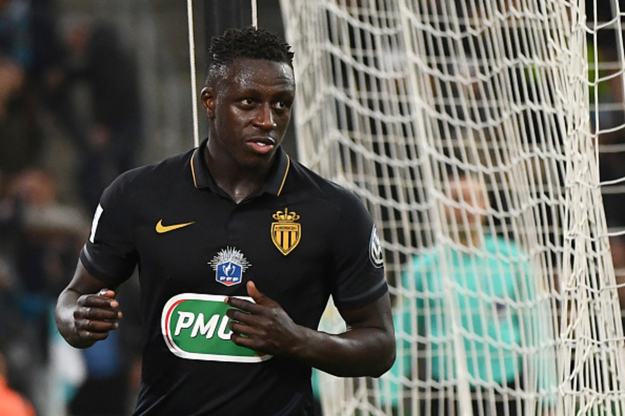 Monaco's French defender Benjamin Mendy reacts after scoring his team's third goal during the French Cup football match Marseille (OM) vs Monaco (ASM) on March 1, 2017 at the Velodrome stadium in Marseille, southern France.   / AFP PHOTO / BORIS HORVAT   