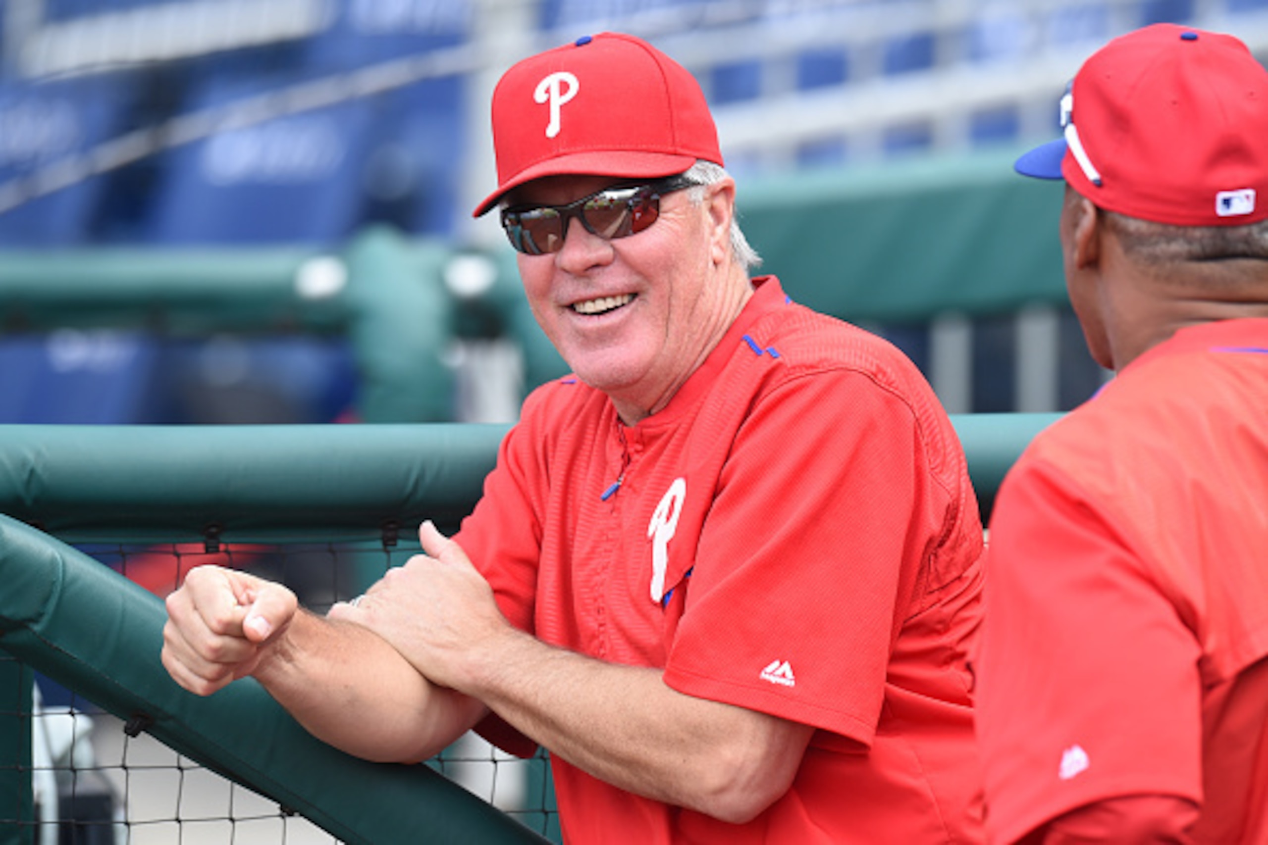 WASHINGTON, DC - JUNE 10:  Manager Pete Mackanin #45 of the Philadelphia Phillies looks on before a baseball game against the Washington Nationals at Nationals Park on June 10, 2016 in Washington, DC.  The Nationals won 9-6.  (Photo by Mitchell Layton/Get