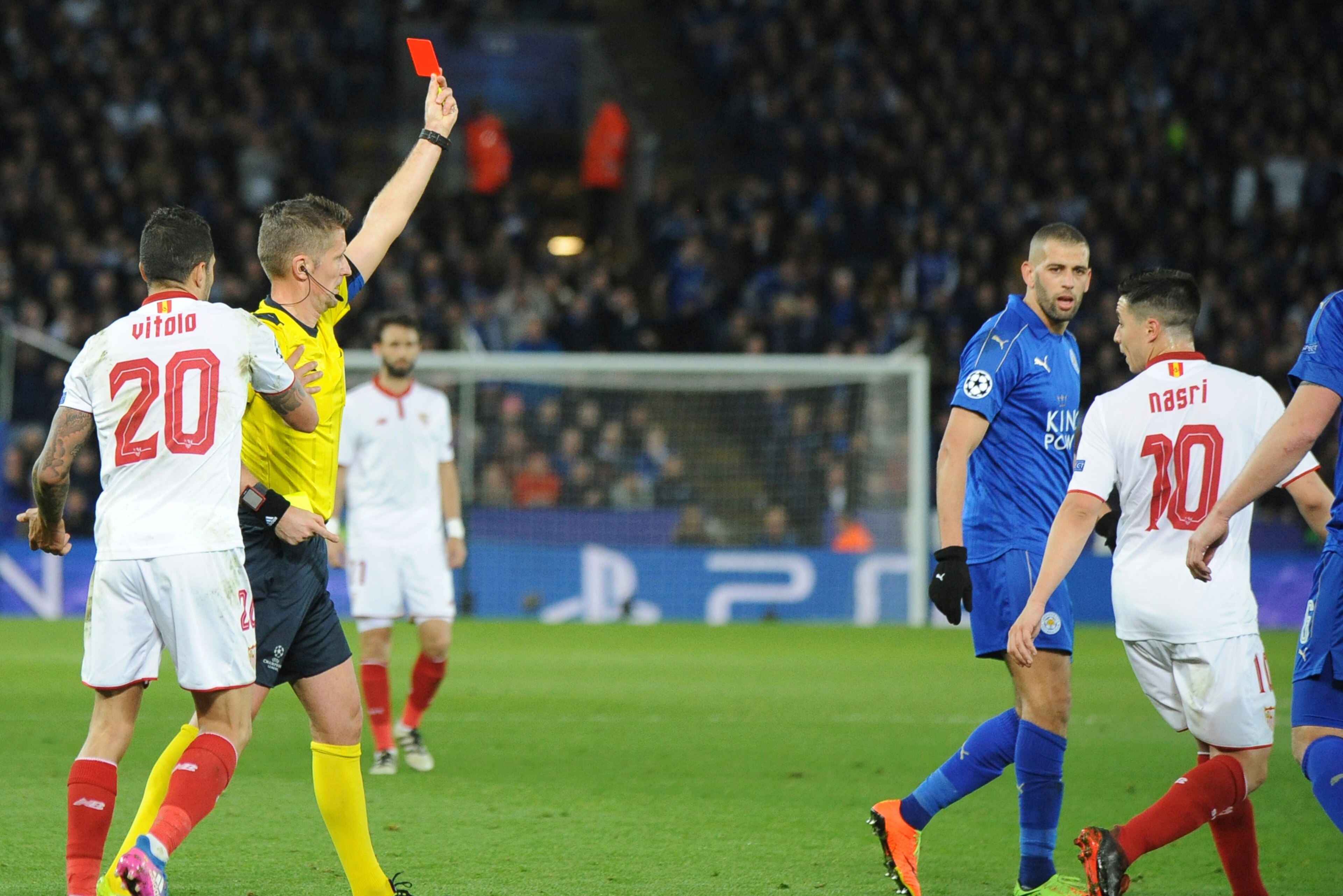 Sevilla were shocked by Leicester City in a game which saw Samir Nasri sent off. Sevilla were shocked by Leicester City in a game which saw Samir Nasri sent off.
