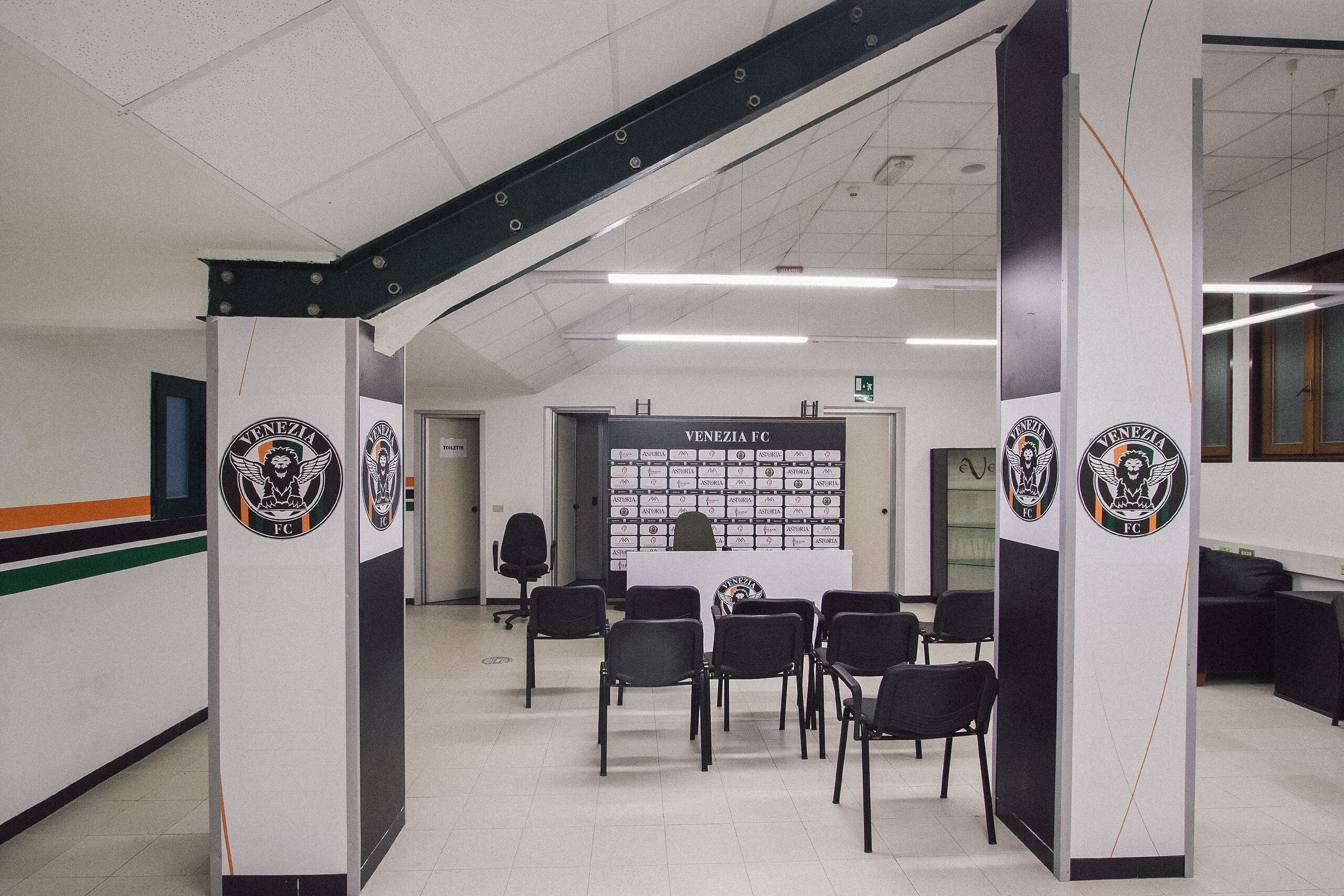The new Venezia crest on display in the club's media area. The new Venezia crest on display in the club's media area.