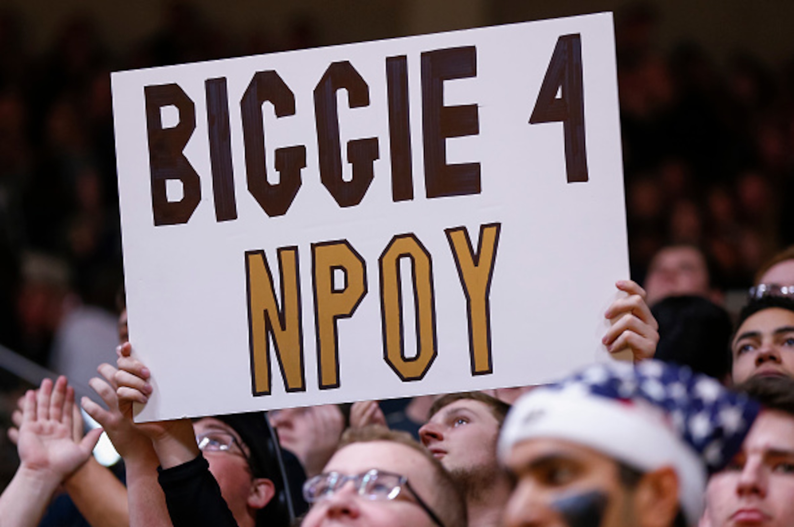 WEST LAFAYETTE, IN - FEBRUARY 18: Purdue Boilermakers fans hold up a sign supporting National Player of the Year honors for Caleb Swanigan #50 of the Purdue Boilermakers during the game against the Michigan State Spartans at Mackey Arena on February 18, 2