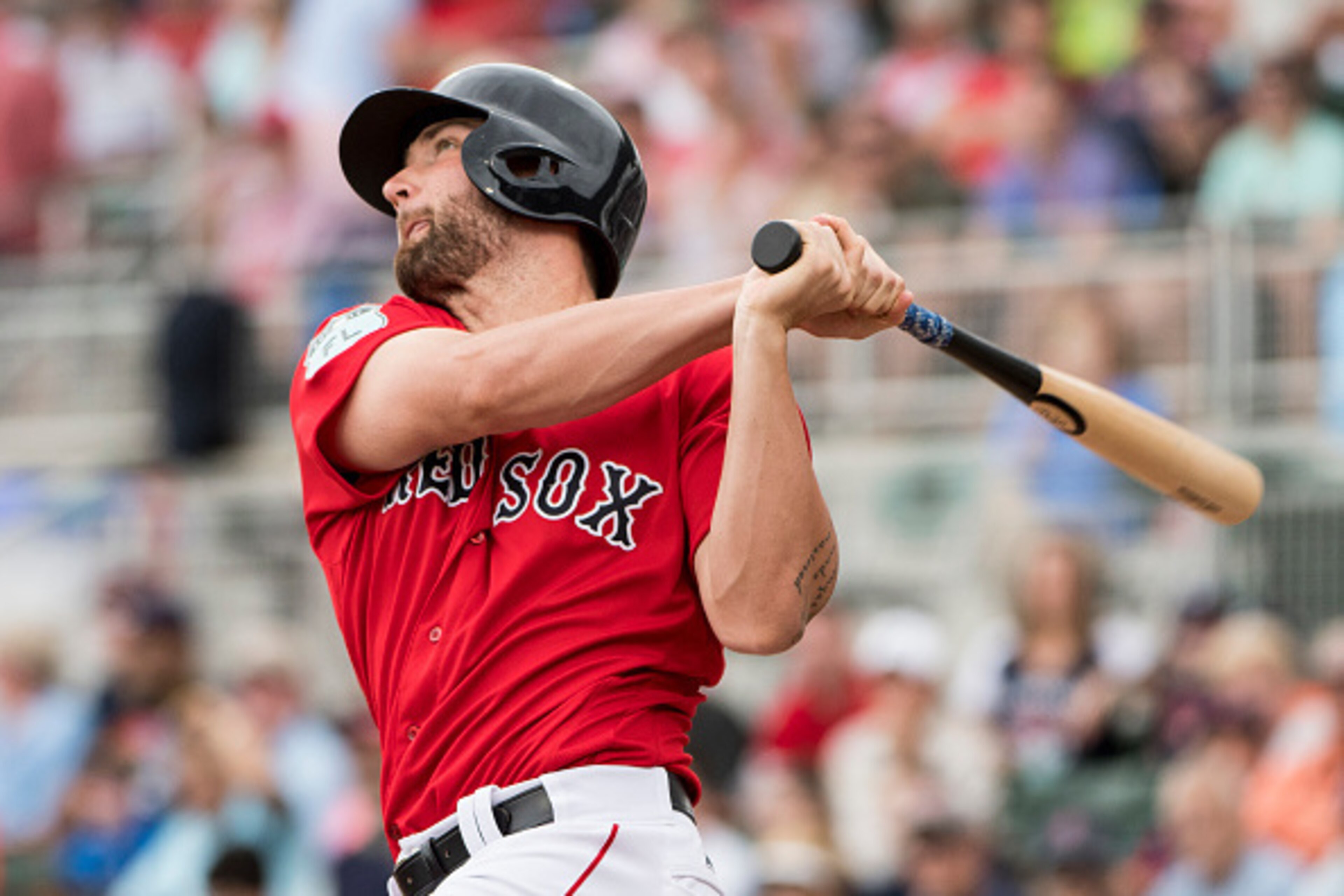 FORT MYERS, FL - FEBRUARY 23: Sam Travis #59 of the Boston Red Sox hits a three run home run against Northeastern University on February 23, 2017 at jetBlue Park in Fort Myers, Florida.   (Photo by Michael Ivins/Boston Red Sox/Getty Images)