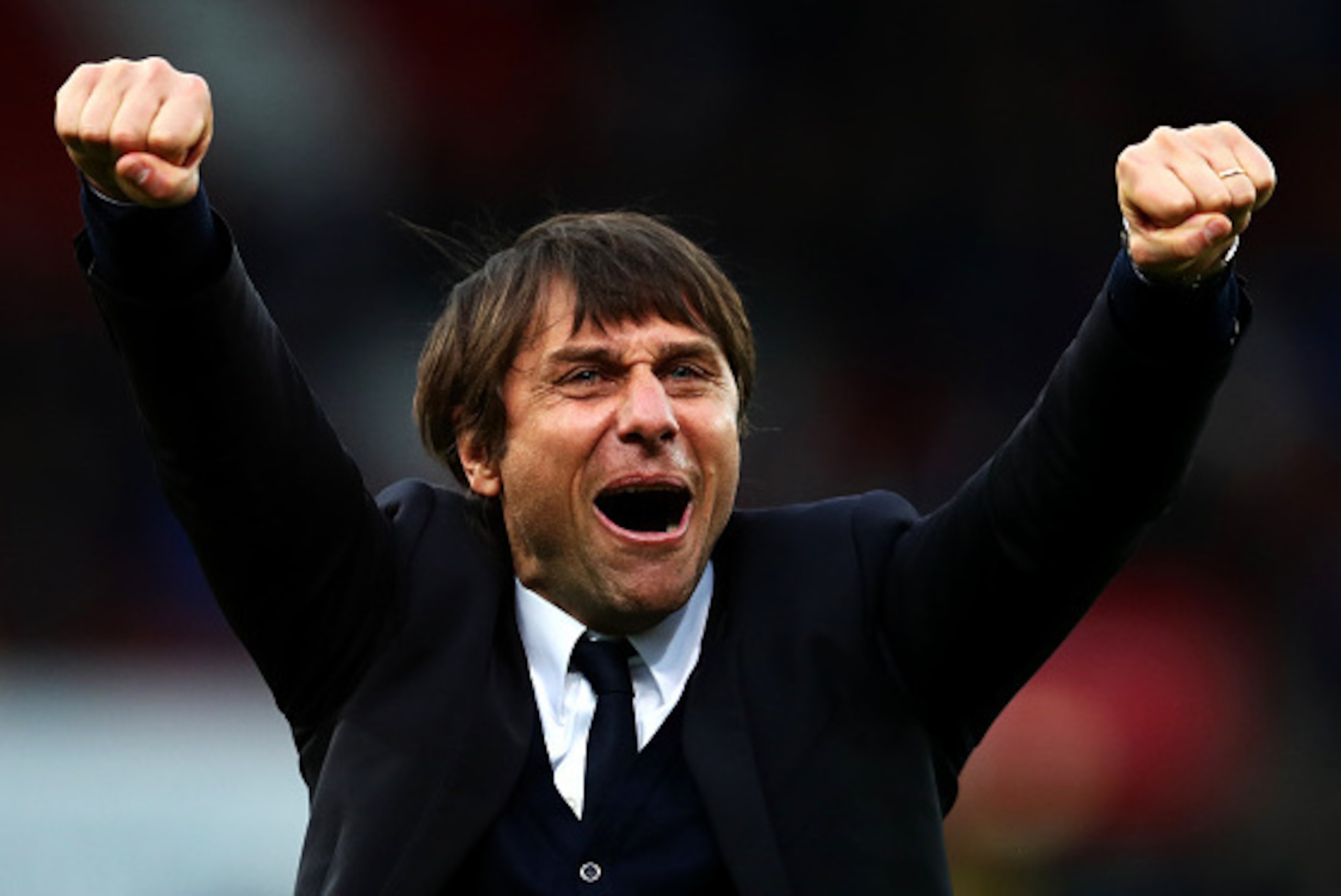 STOKE ON TRENT, ENGLAND - MARCH 18: Chelsea manager Antonio Conte celebrates at full-time following the Premier League match between Stoke City and Chelsea at Bet365 Stadium on March 18, 2017 in Stoke on Trent, England. (Photo by Chris Brunskill Ltd/Getty