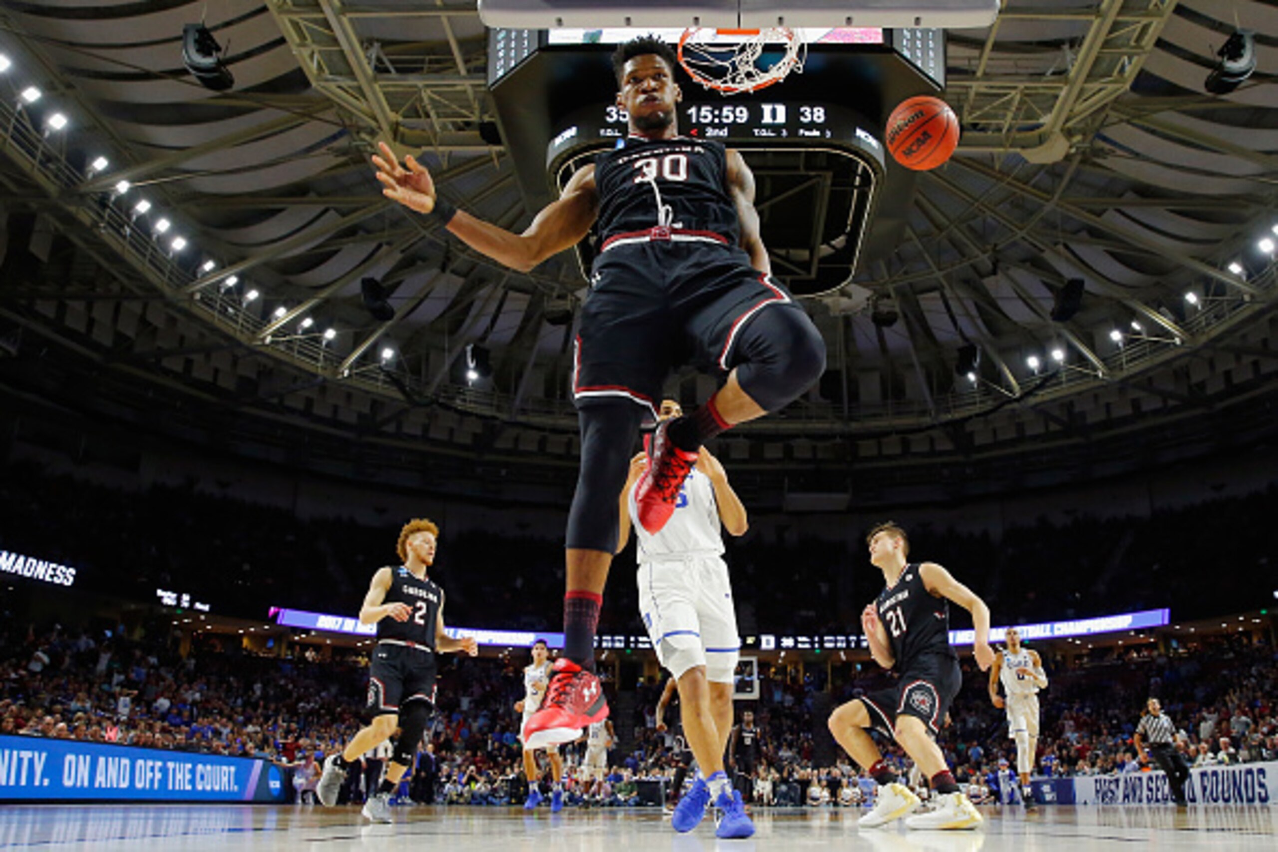 GREENVILLE, SC - MARCH 19:  Chris Silva #30 of the South Carolina Gamecocks dunks the ball in the second half against the Duke Blue Devils during the second round of the 2017 NCAA Men's Basketball Tournament at Bon Secours Wellness Arena on March 19, 2017