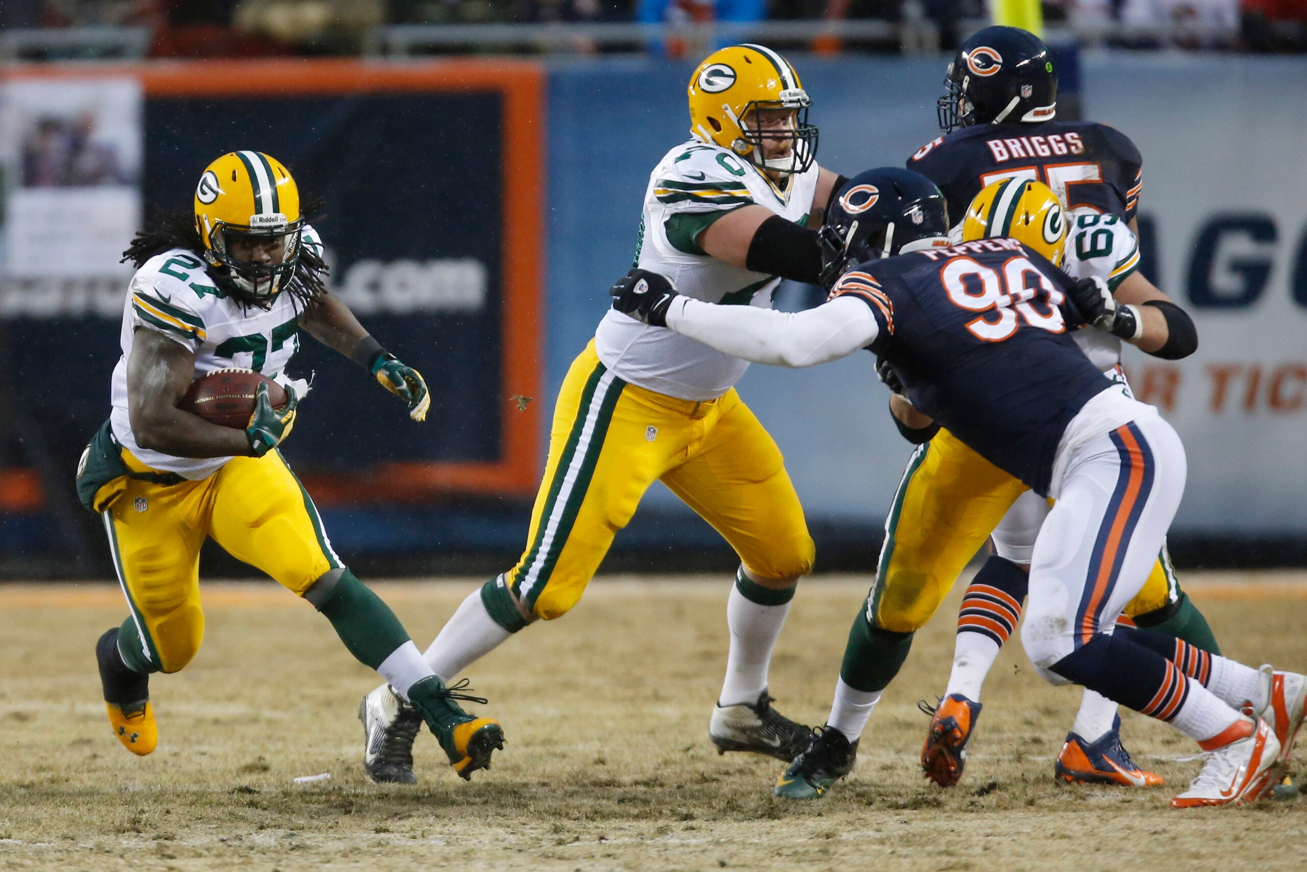 Neither Eddie Lacy nor T.J. Lang (blocking) is a Packer anymore.