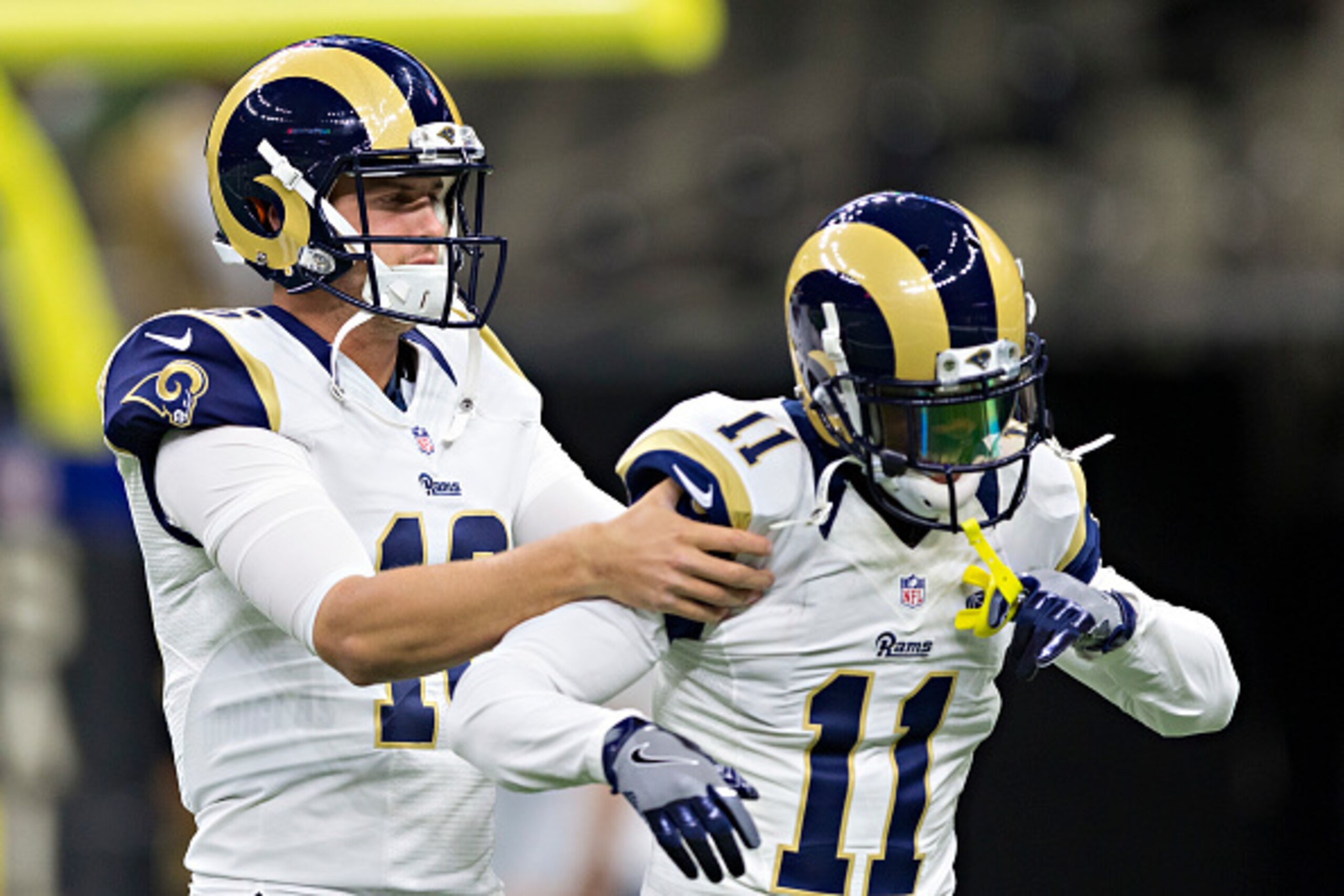 NEW ORLEANS, LA - NOVEMBER 27:  Jared Goff #16 clowns with Tavon Austin #11 of the Los Angeles Rams before a game against the New Orleans Saints at Mercedes-Benz Superdome on November 27, 2016 in New Orleans, Louisiana.  The Saints defeated the Rams 49-21