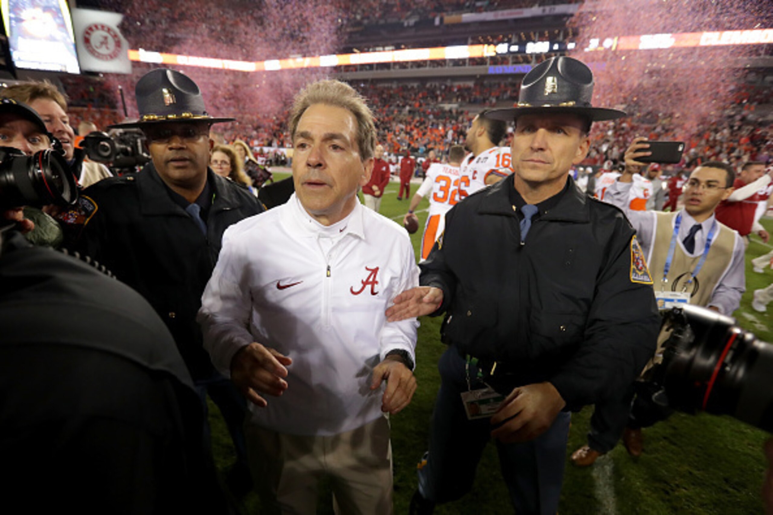 TAMPA, FL - JANUARY 09:  Head coach Nick Saban of the Alabama Crimson Tide reacts after the Clemson Tigers defeated the Alabama Crimson Tide 35-31 in the 2017 College Football Playoff National Championship Game at Raymond James Stadium on January 9, 2017 