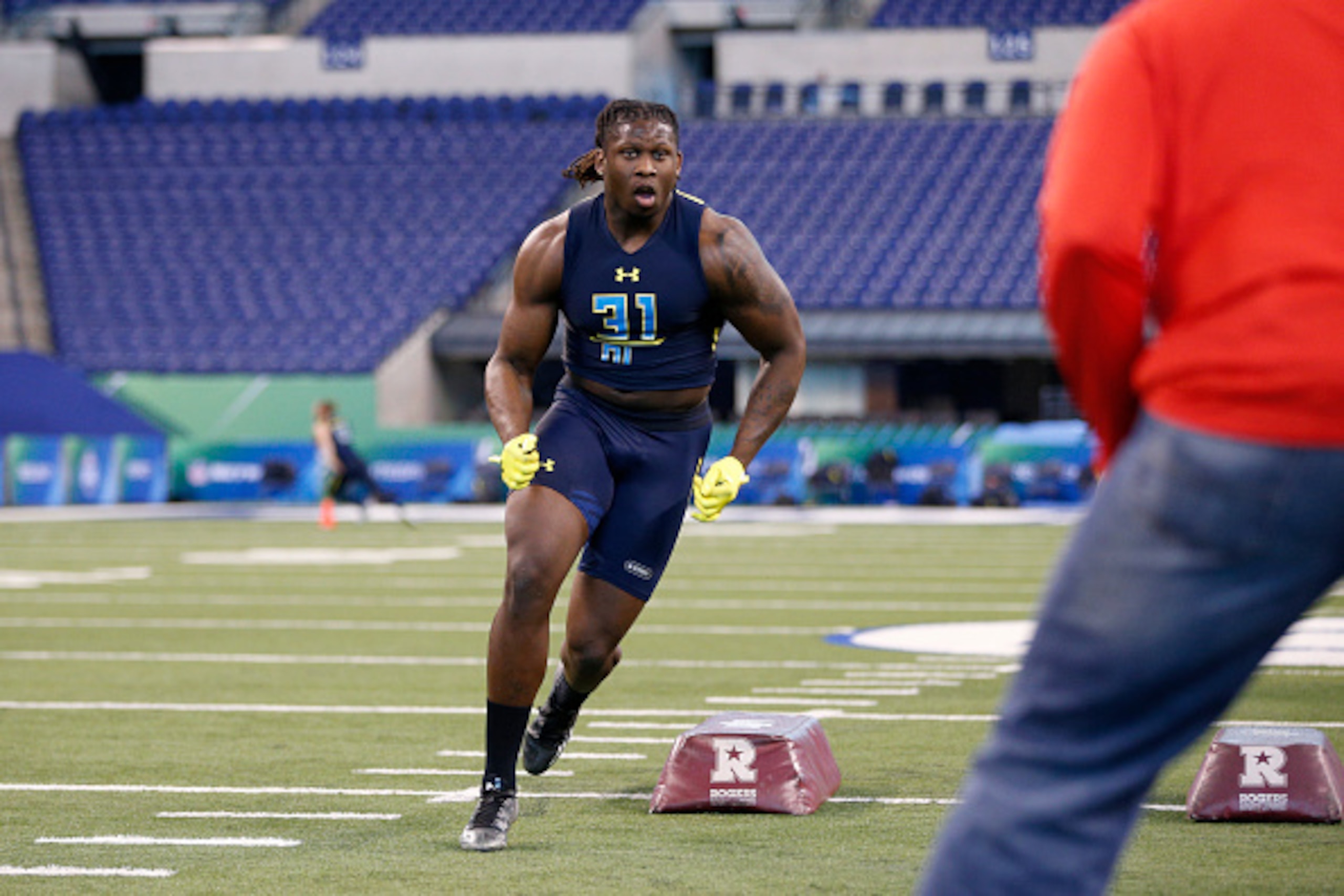 INDIANAPOLIS, IN - MARCH 05: Defensive lineman Takkarist McKinley of UCLA in action during day five of the NFL Combine at Lucas Oil Stadium on March 5, 2017 in Indianapolis, Indiana. (Photo by Joe Robbins/Getty Images)